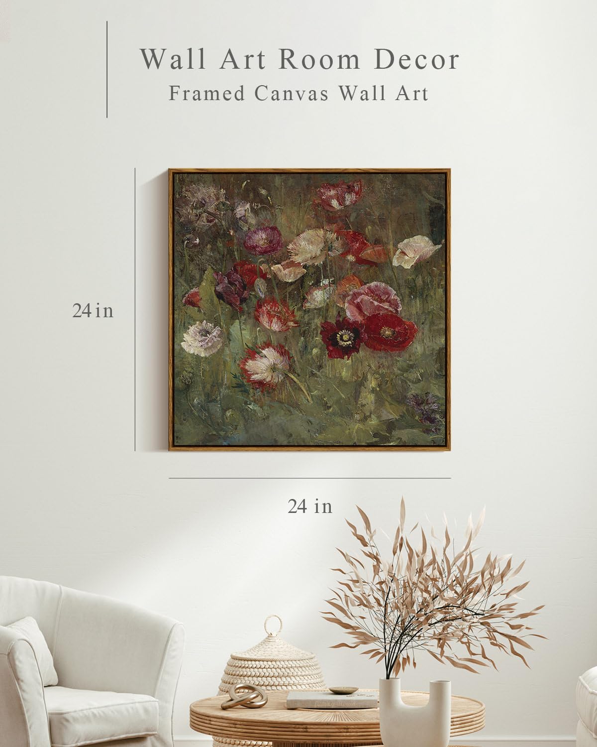 Insimsea Square Framed Canvas Wall Art, Large Decor A Bed Of Poppies Paintings, Classical Floral Wall Pictures For Bedroom Bathr