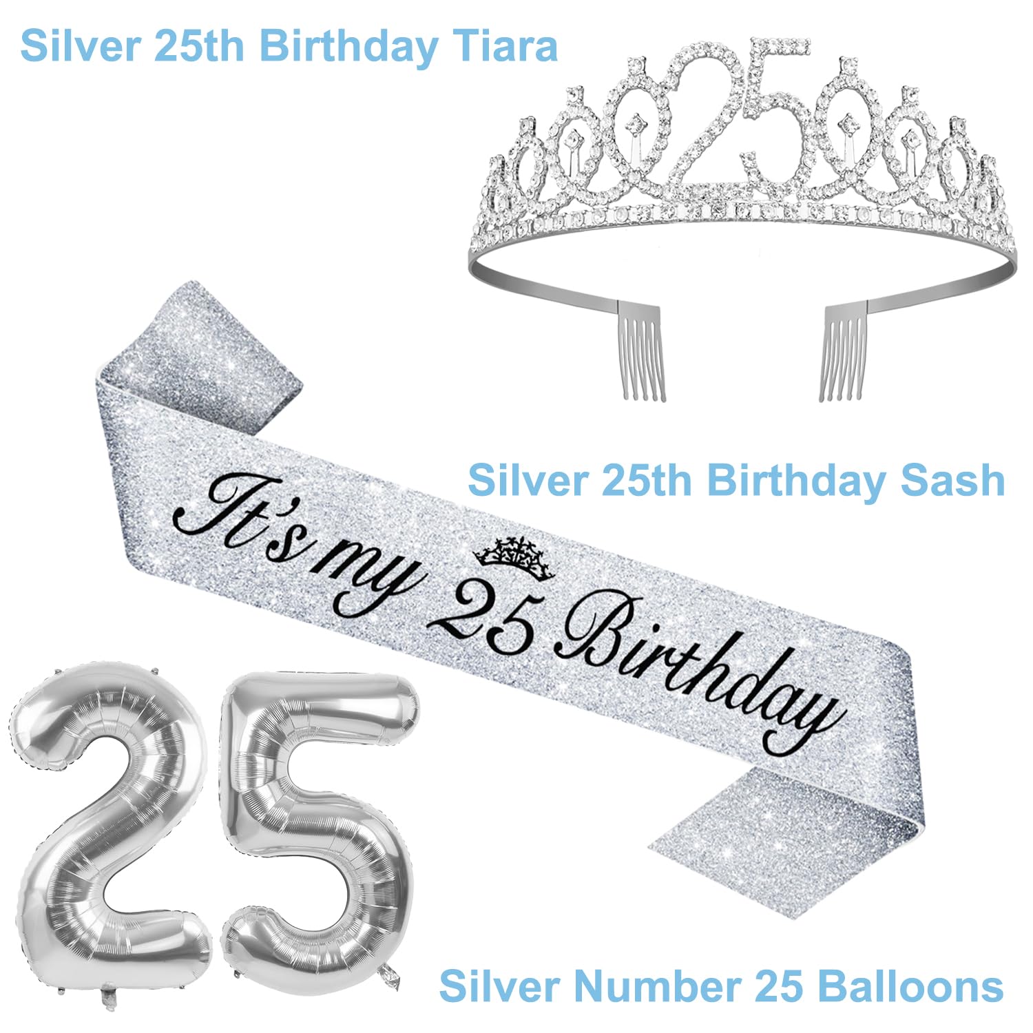 25th Birthday Decorations for Women Silver with 25th Birthday Sash and Crown, Cake Topper and Candles, Number Balloons, 25 Year