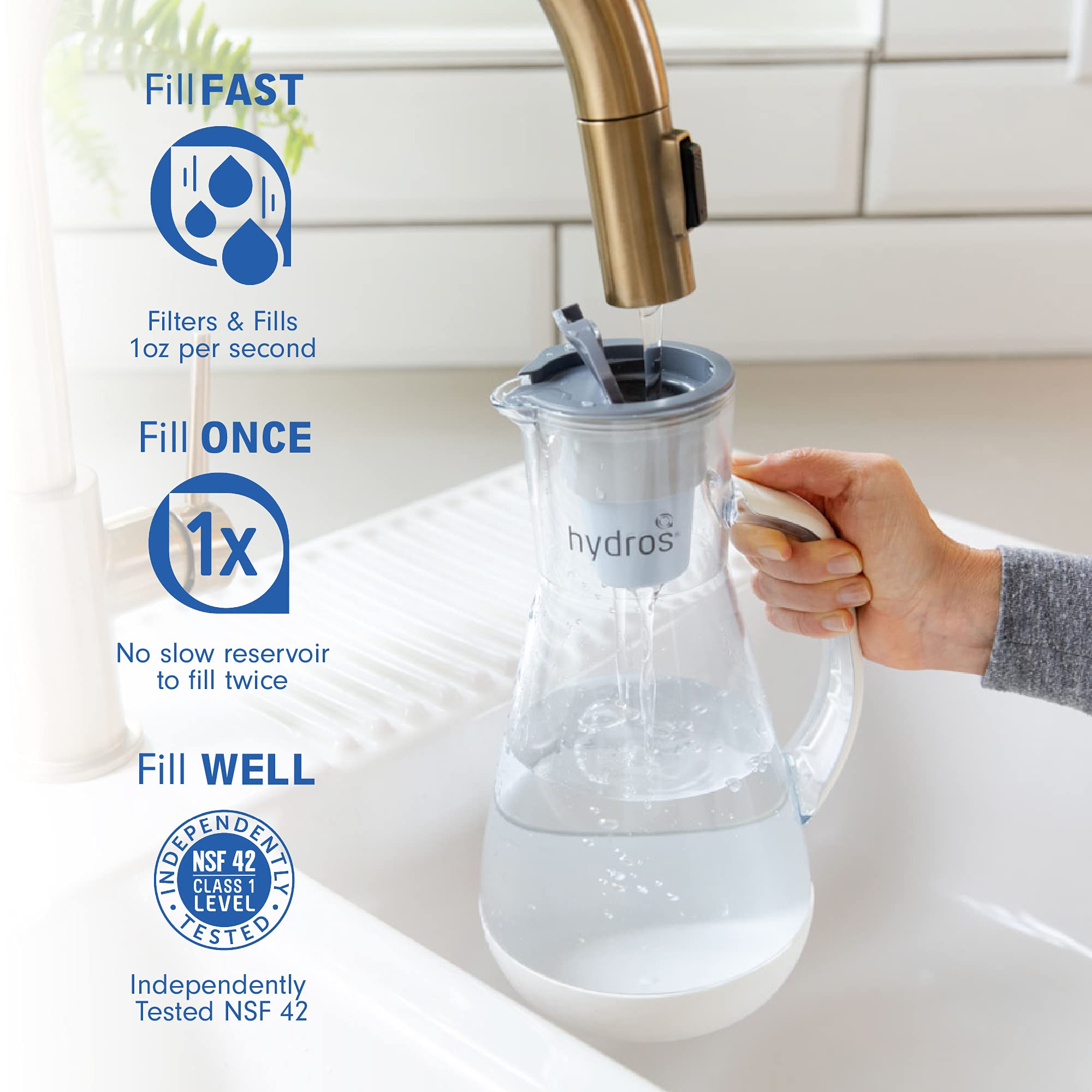 Hydros 64 Ounce Water Filter Pitcher With Patented Fast Flo Tech, 60 Second Quick Fill-Up And Bpa-Free Recyclable Filter, Eight