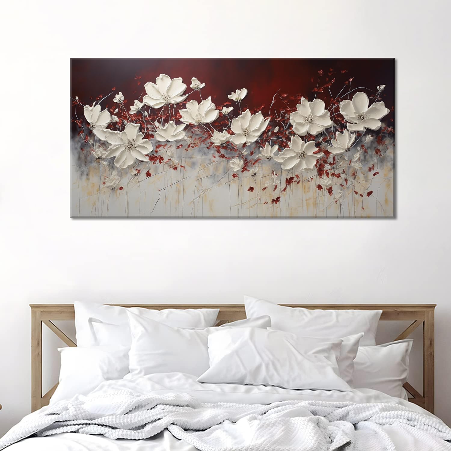 Lasdel Stretched Canvas Wall Art Of White Flowers Plant Picture For Living Room Bedroom Home Decoration, Beautiful White And Red