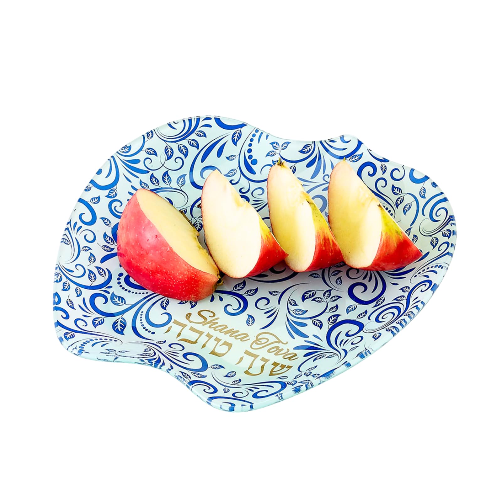 Rosh Hashanah Glass Apple Plate w/ Blue & Gold Design