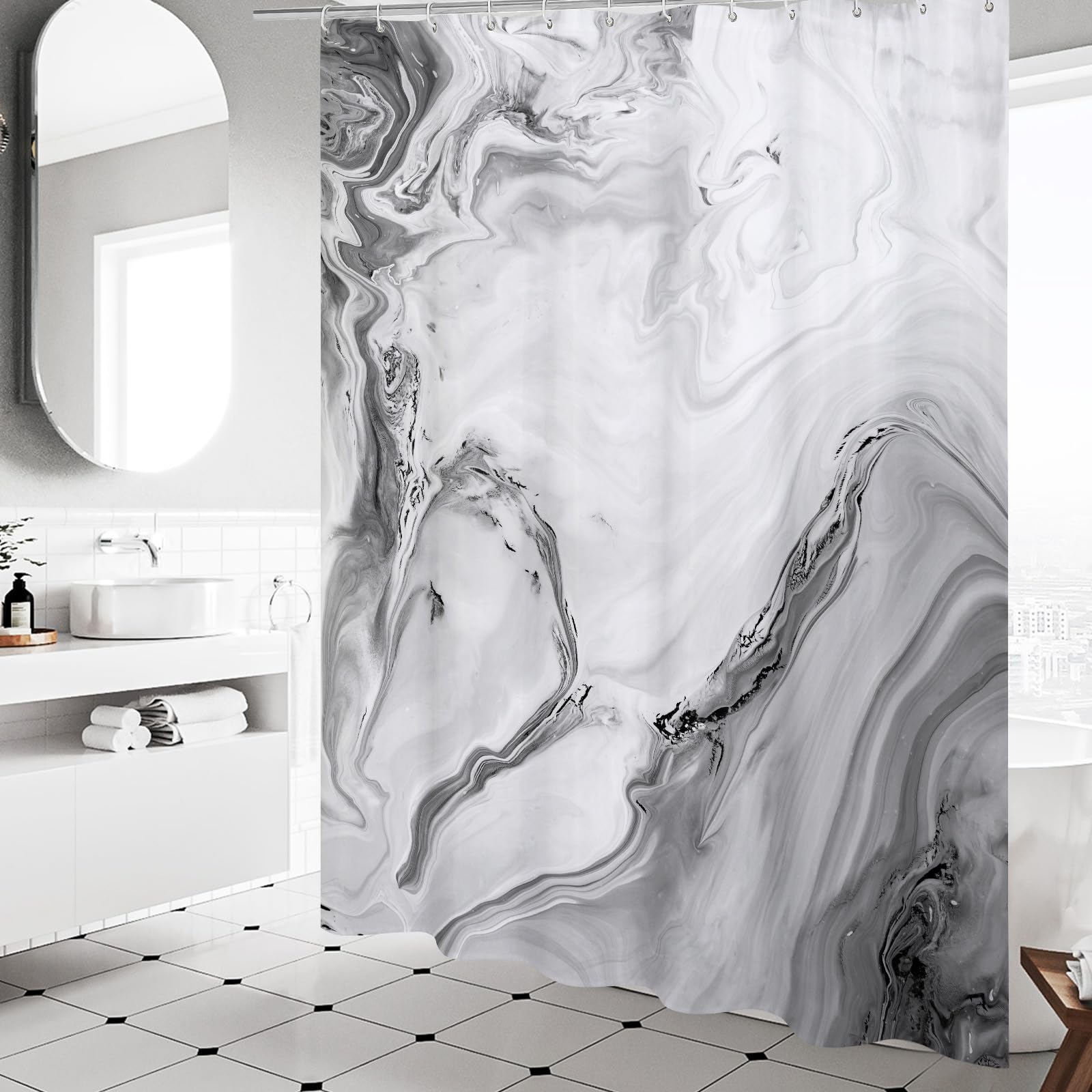 Mitovilla Grey Marble Small Stall Shower Curtain 36 X 72, Abstract Ombre Half Size Narrow Shower Curtain Set, 36 Inch Modern Fab