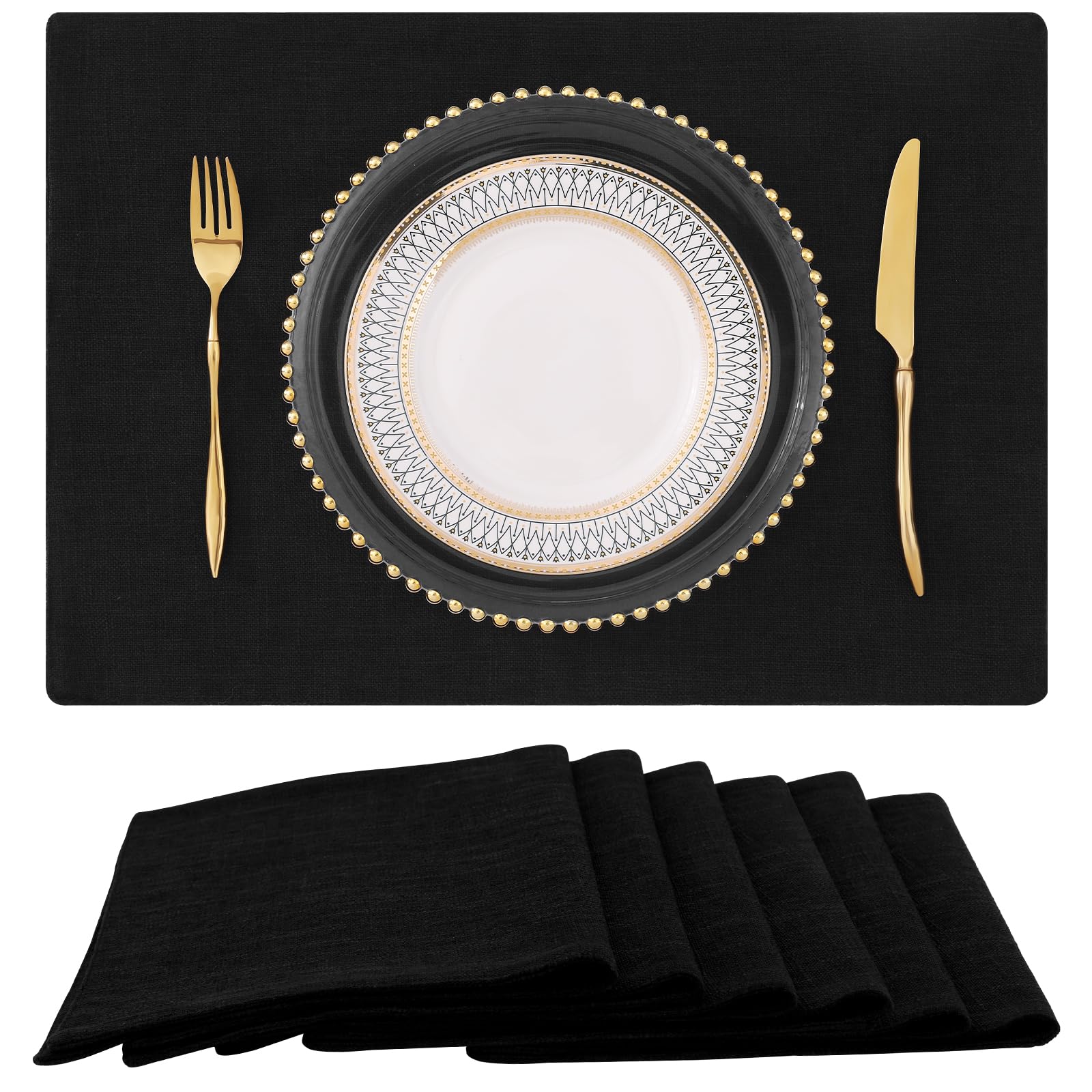 Homing Black Cloth Placemats For Dining Table Set Of 6 - Cotton Linen Blend Washable Farmhouse Kitchen Mats For Indoors & Outdoo