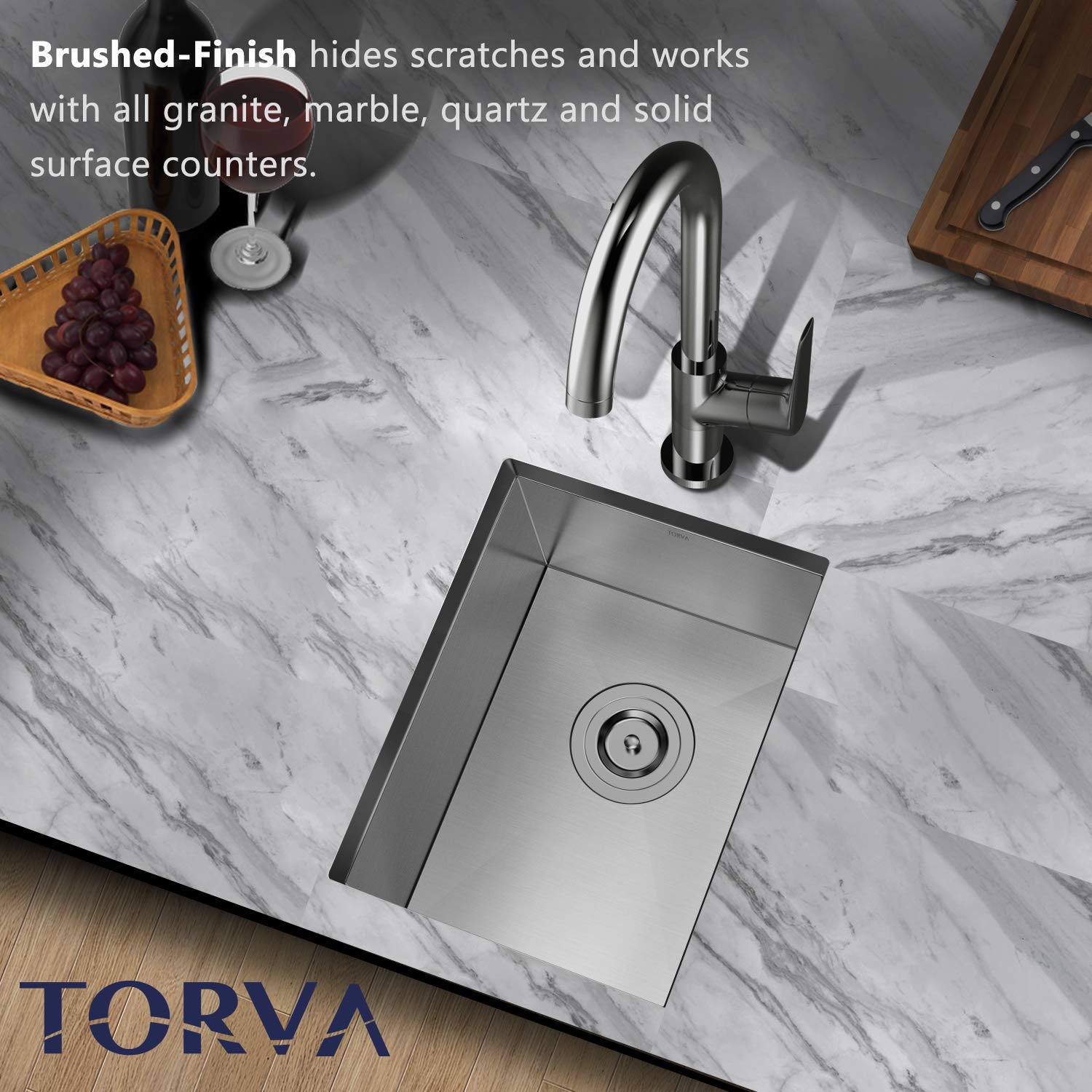TORVA 14 x 18 Inch Undermount Kitchen Sink  16 Gauge T-304 Stainless Steel Single Bowl Wet Bar or Prep Sink with Zero-Radius Corners