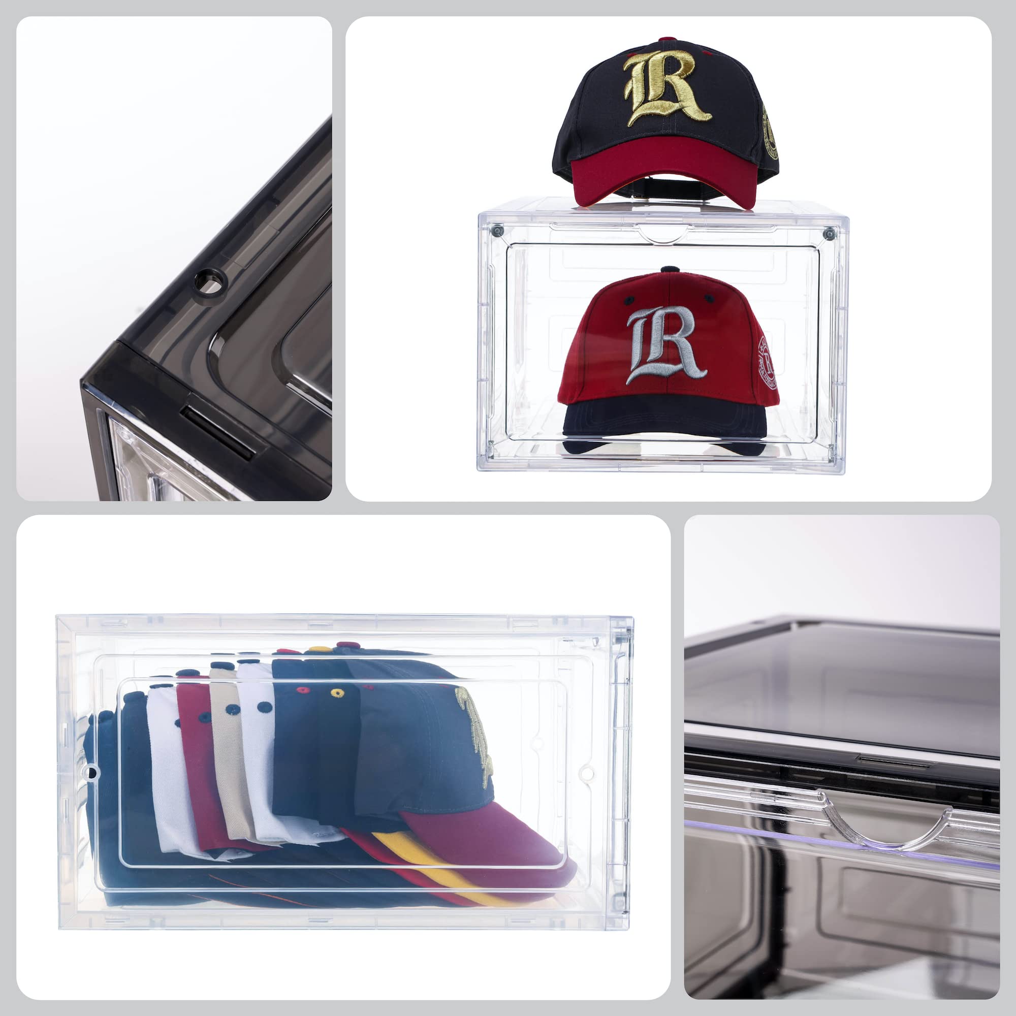 Attelite Hat Organizer For Baseball Caps, Set Of 6, Stackable Hat Storage Box, Hat Holder With Transparent Magnetic Door, Hat Ra