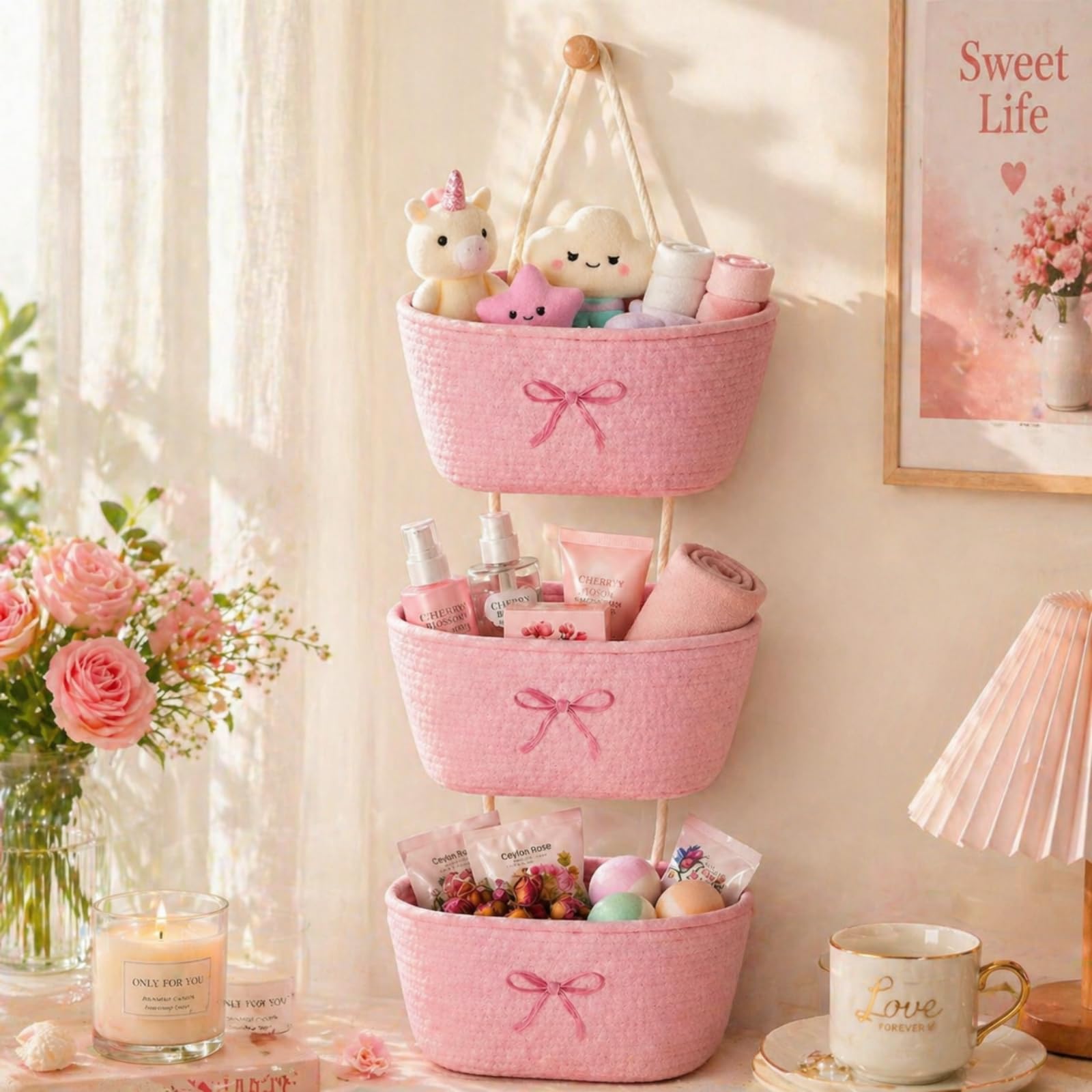SiliFine 3 Tier Large Pink Bow Woven Hanging Basket 14.4 x 11.8 x 7 Inch