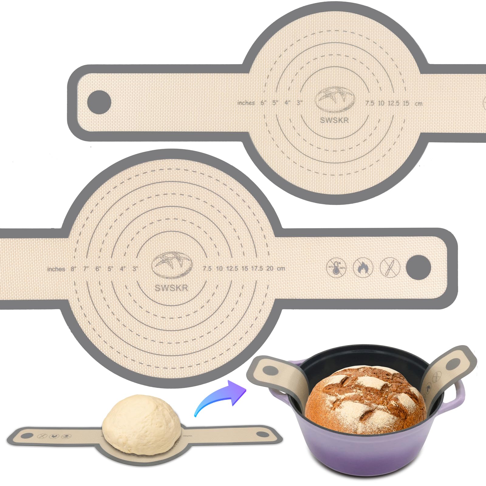 SWSKR Silicone Bread Sling for Dutch Oven, 2 Pcs Non-Stick & no objectional odor Bread Baking Mat Set, antislip Reusable Bread S