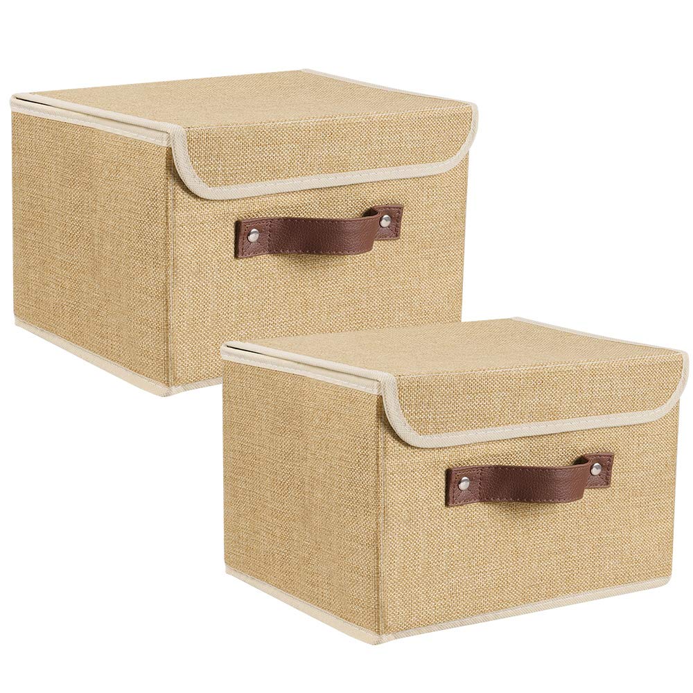 Lucky Monet 2 Pack Linen Fabric Foldable Storage Bin Set Collapsible Storage Box Cube Closet Organizer With Lid & Faux Leather H