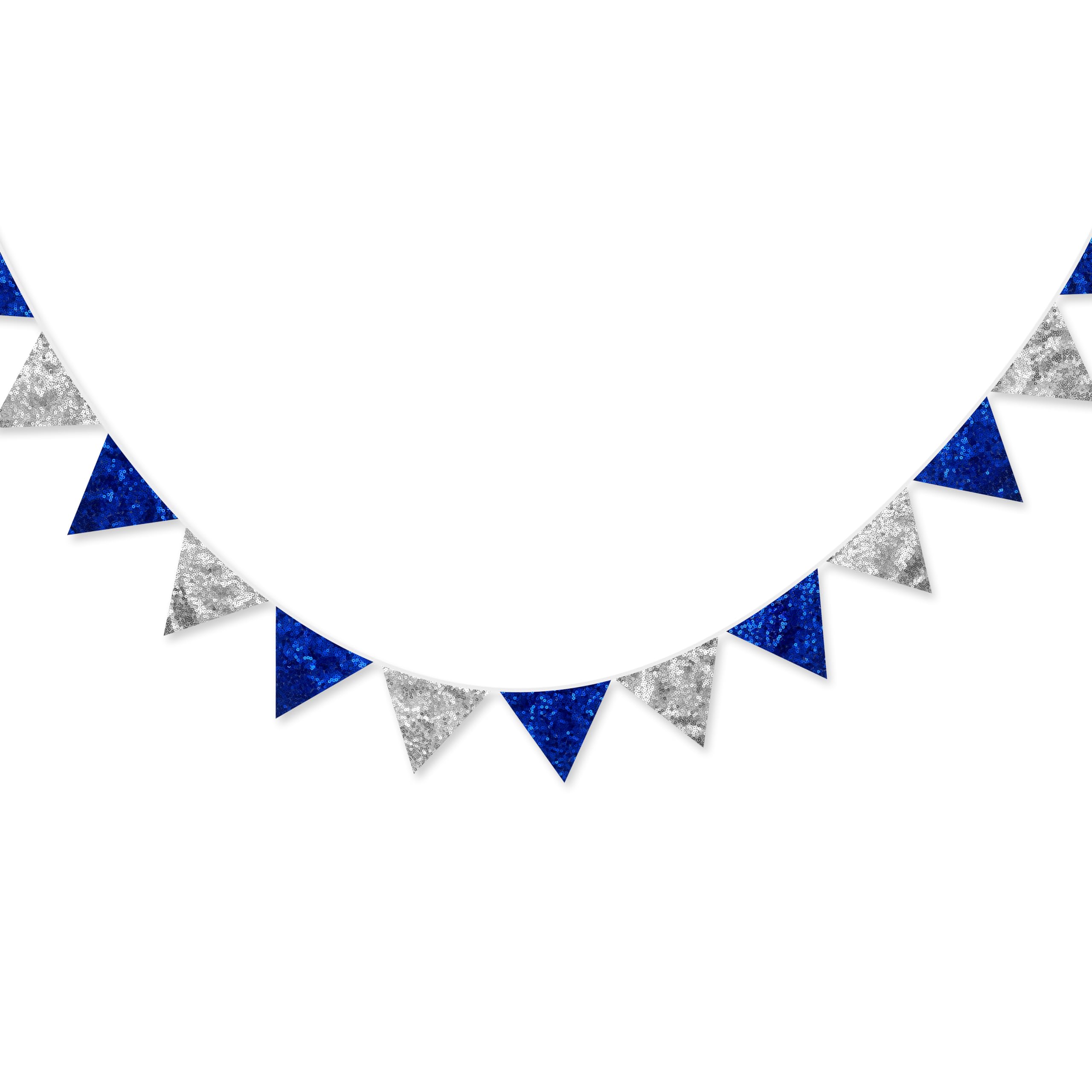 Pinkblume Silver Blue Decorations Double Sided Sequin Fabric Royal Blue Silver Triangle Pennant Banner Flag Bunting Garland For