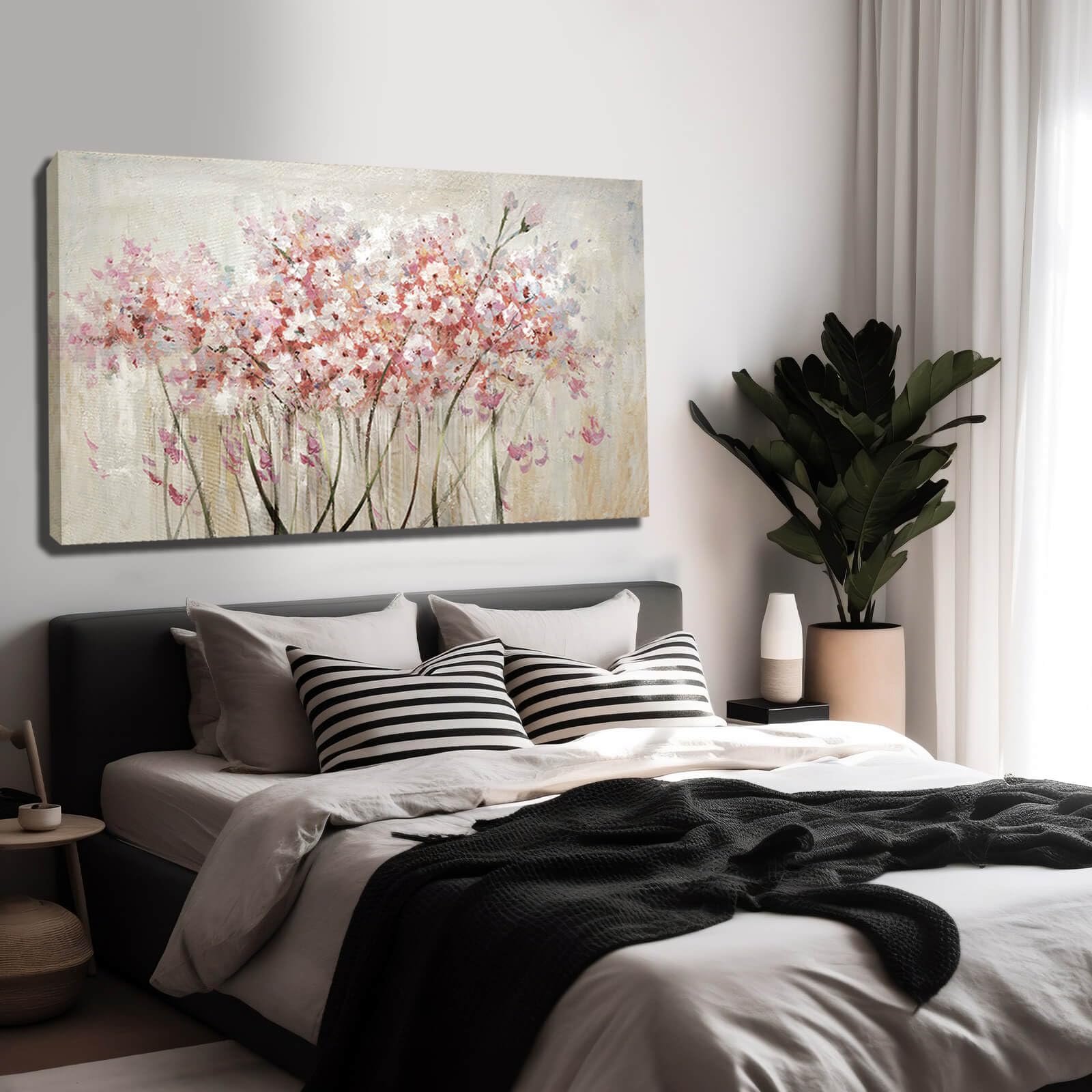 Yjyart White Floral Oil Painting Canvas Art Wall Decor Modern Botanical Picture Graffiti Wall Art For Bedroom Living Room Kitche