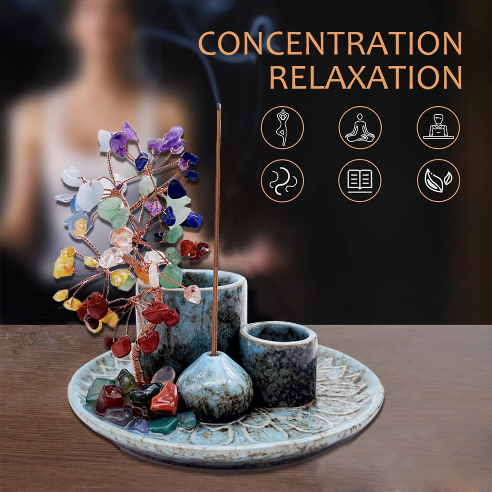 5 in 1 Incense Burner Holder with Crystal Healing Tree, Palo Santo Holder, Sage Holder, Incense Holder for Sticks/Cones/Candles,