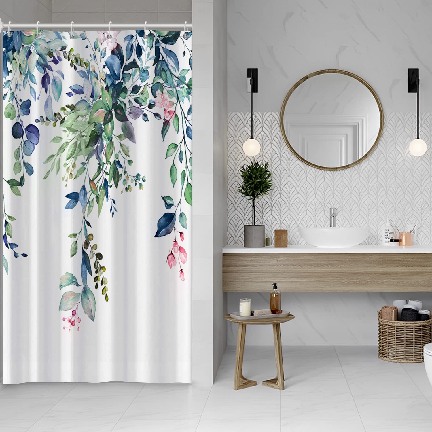 Ruelvth Green And Blue Eucalyptus Shower Curtain, Watercolor Spring Plant Leaves With Floral Shower Curtain Waterproof Fabric Sh