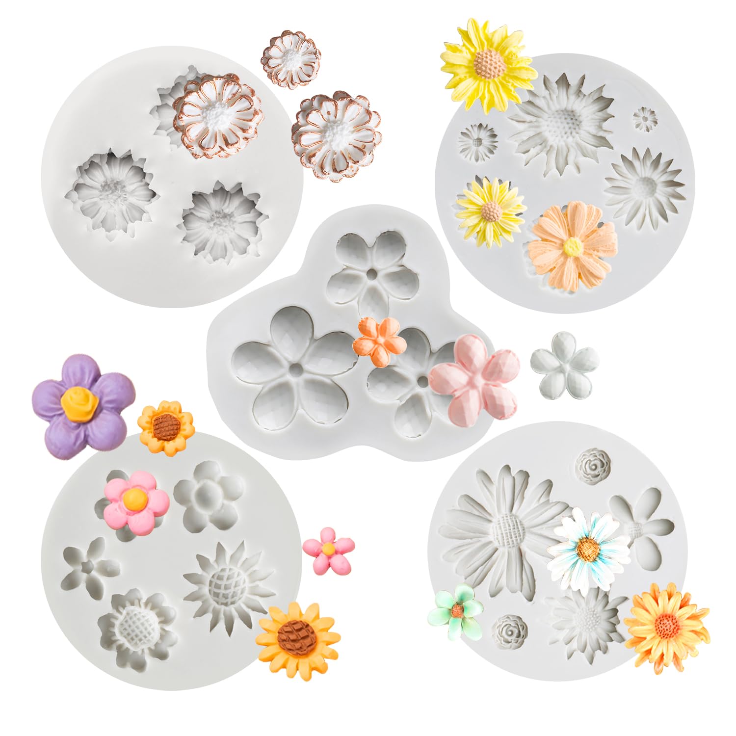 Kalaien 5 Pieces Flower Fondant Cake Molds Fondant Silicone Mold Daisy Flower,Rose Flower,Chrysanthemum Flower Candy Silicone Mo