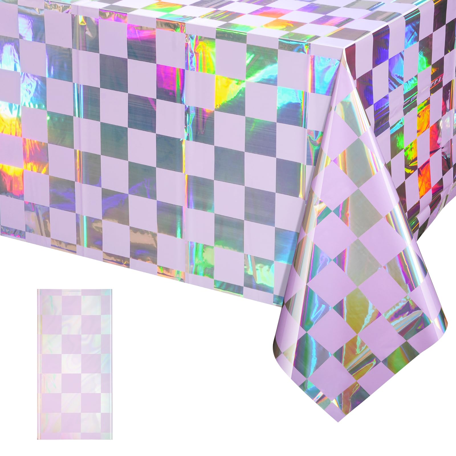 1Pack Iridescent Checkered and Purple Plastic Tablecloths Shiny Disposable Laser Rectangle Table Covers Holographic Foil Tablecl