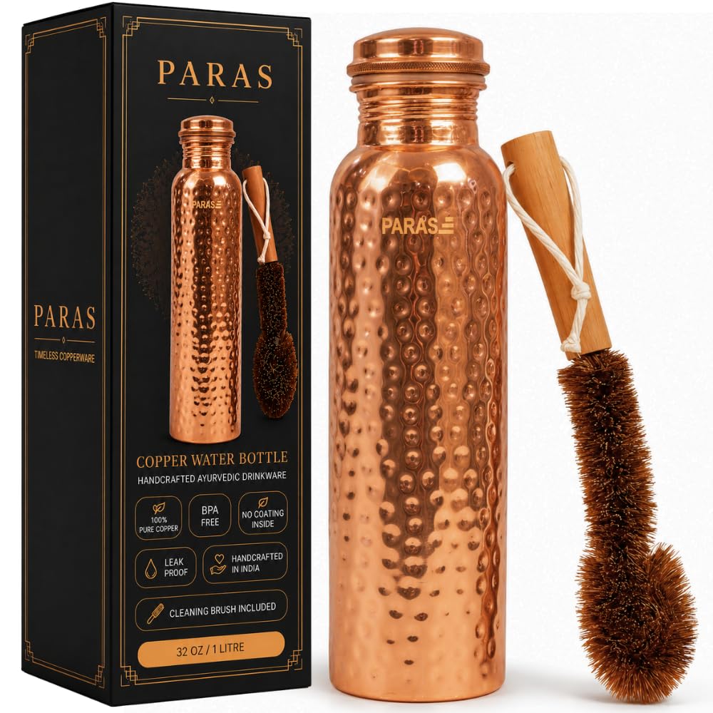 PARAS 100% Pure Copper Water Bottle 32 oz, Hammered, No Liner with Brush