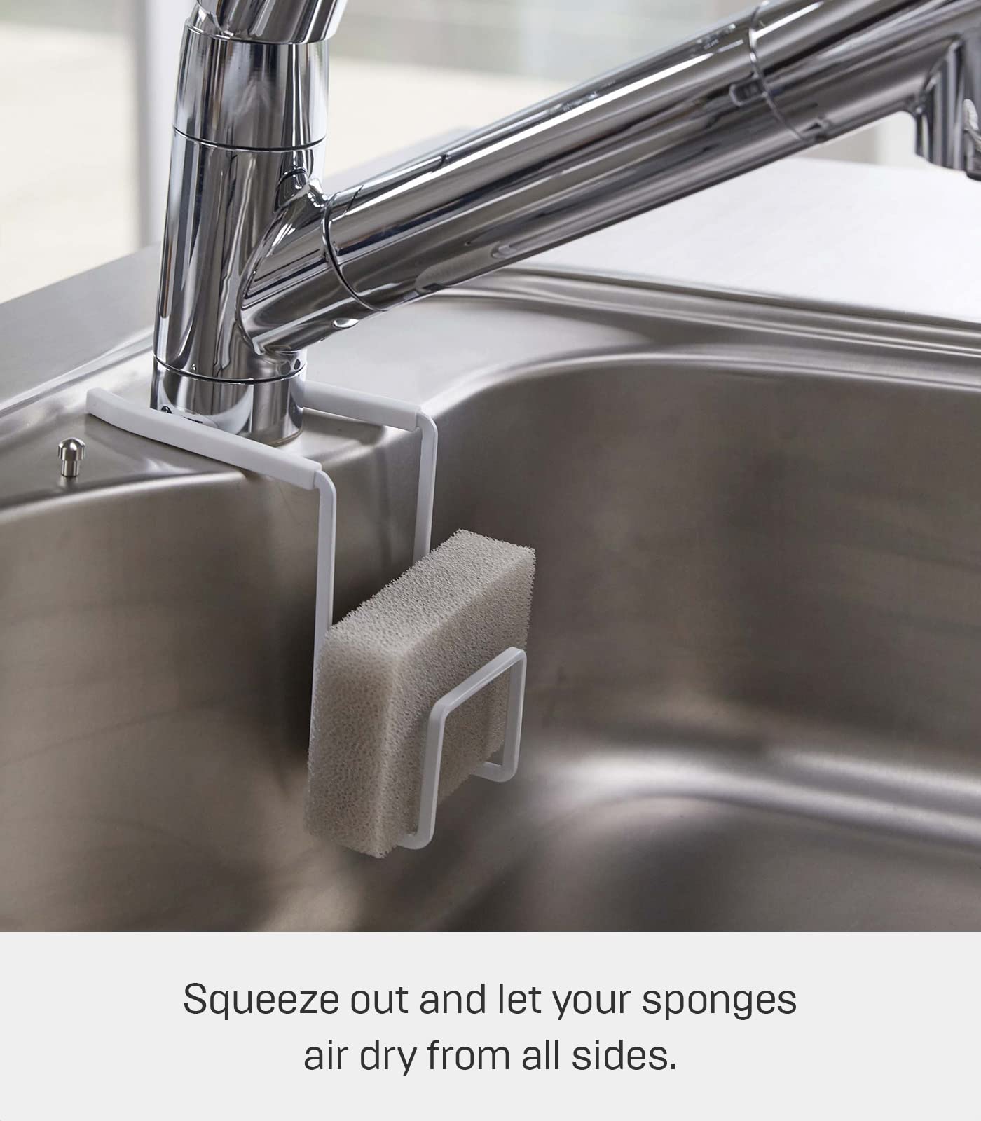 Yamazaki Home 4388 Faucet-Hanging Sponge Holder-Kitchen Organizer Sink Rack Basket, One Size, White