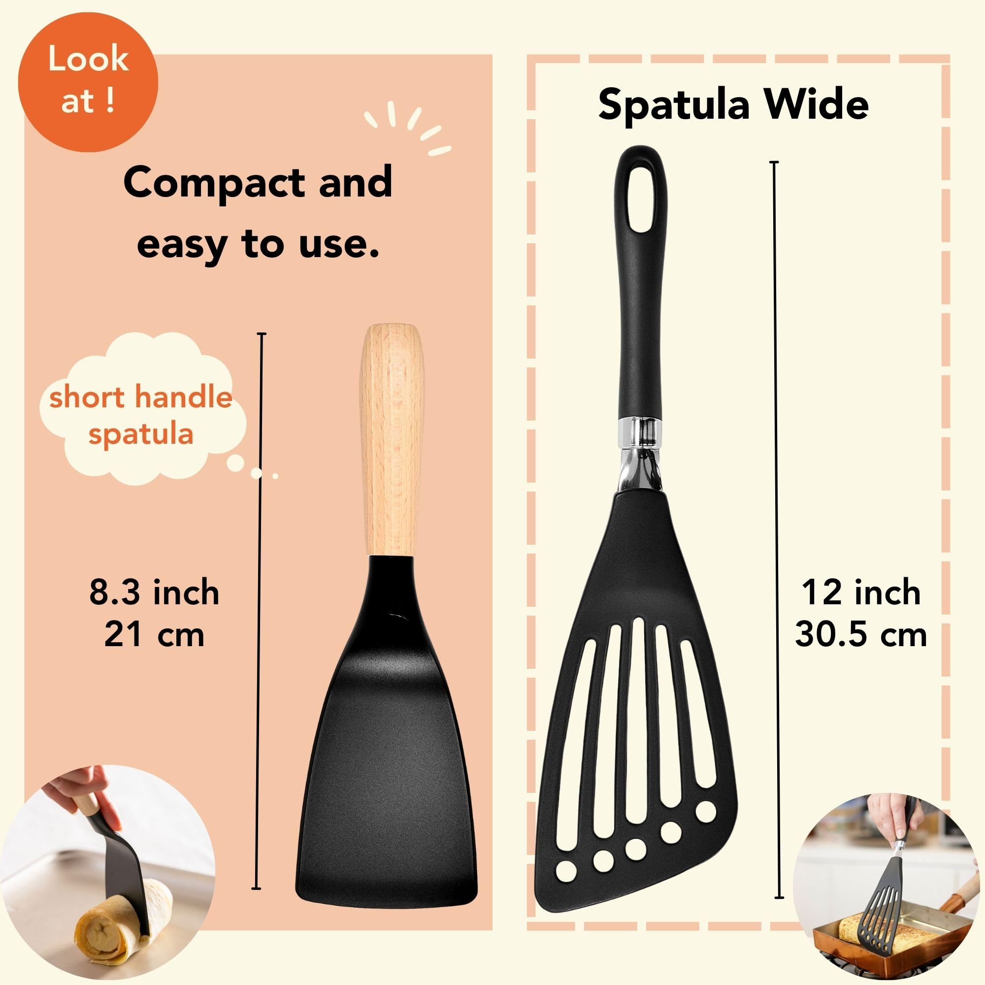 Short Spatula, Stylish Kitchen Tool, Flexible Non Stick Heat Resistant Nylon Turner Spatula, Wooden Short Handle Spatula, Cookin