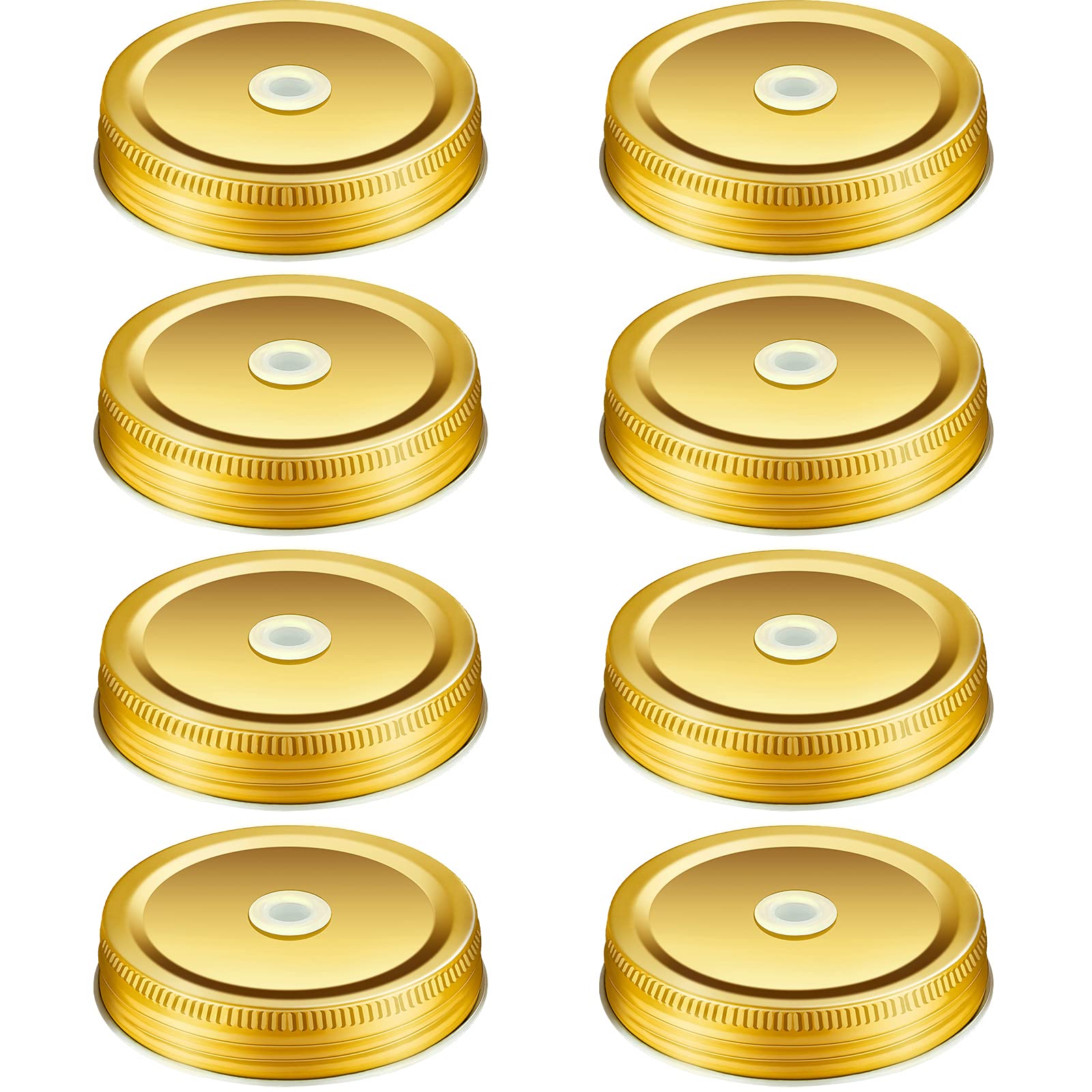 Mudder 8 Pieces Metal Regular Mouth Mason Canning Jar Lids With Straw Hole Leak Proof Reusable Jar, 2.7 Inch (Gold)