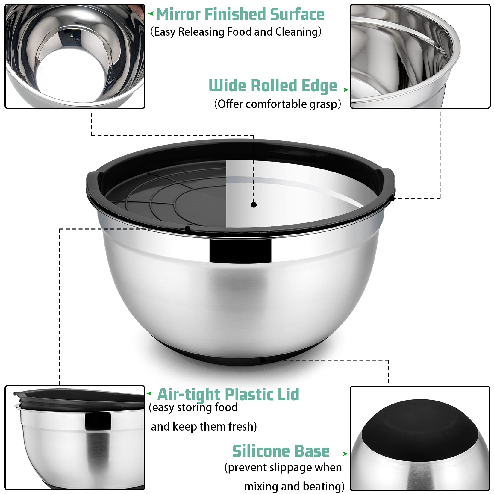 P&P Chef Black Mixing Bowls With Lids Set Of 5 Stainless Steel Black Nesting Bowl With Plastic Lid, Non-Slip Silicone Base & 5 S