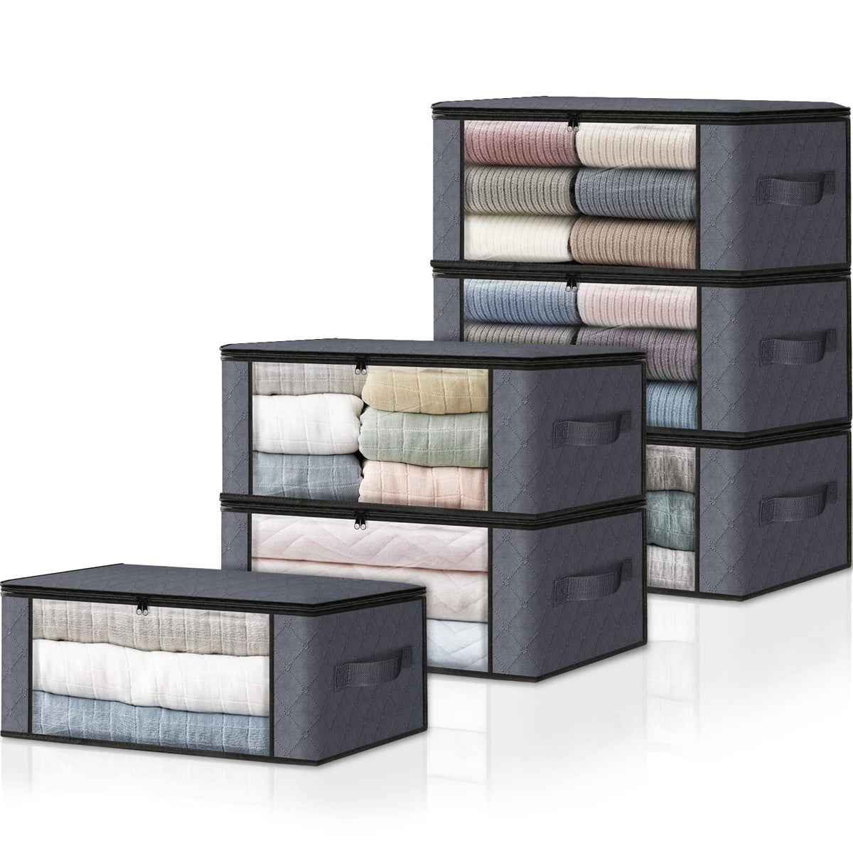 HomeHacks Storage 6-Pack Clothes Organizer Storage Bags Foldable Storage Box with Large Clear Window Sturdy Handles for Closet,