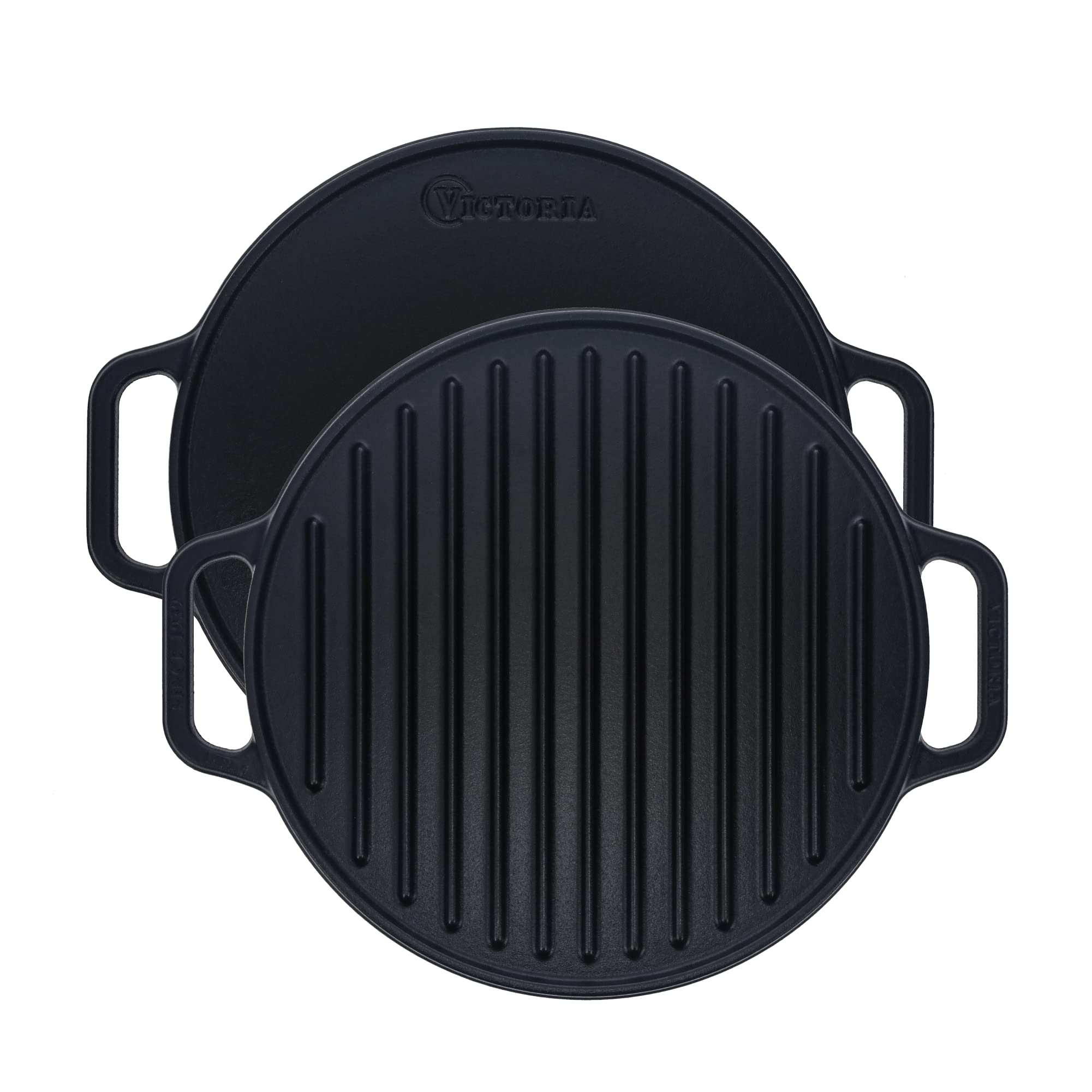 Victoria Round Cast Iron Grill. Double Burner Griddle, With Removable Coil Handles Seasoned With 100% Kobibir Certified Non-Gmo