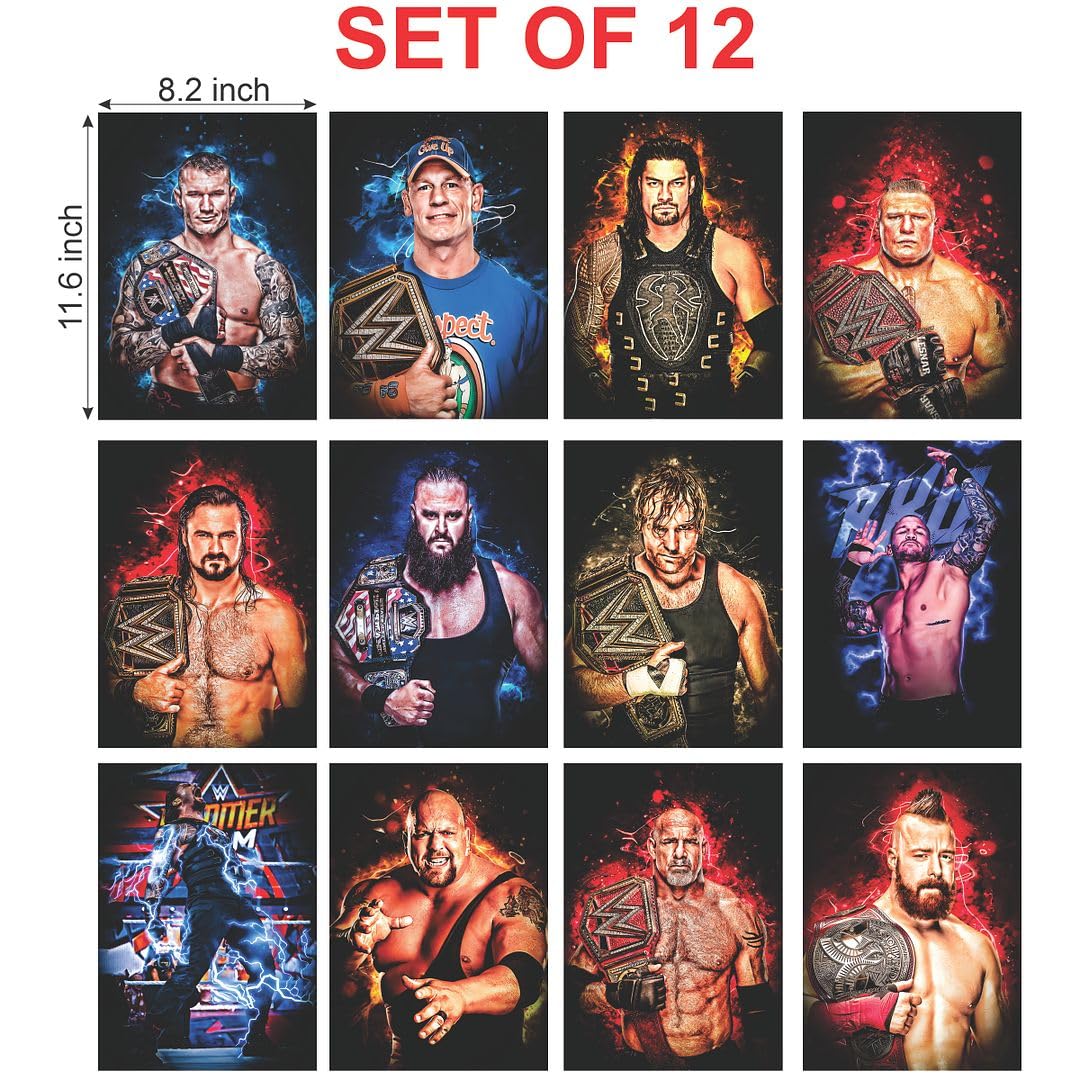 CVANU Set of 12 Wrestlers Picture Printed GYM Poster with Glue Dot Tape for Wall Decoration (11.6inchX8.2inch)_288