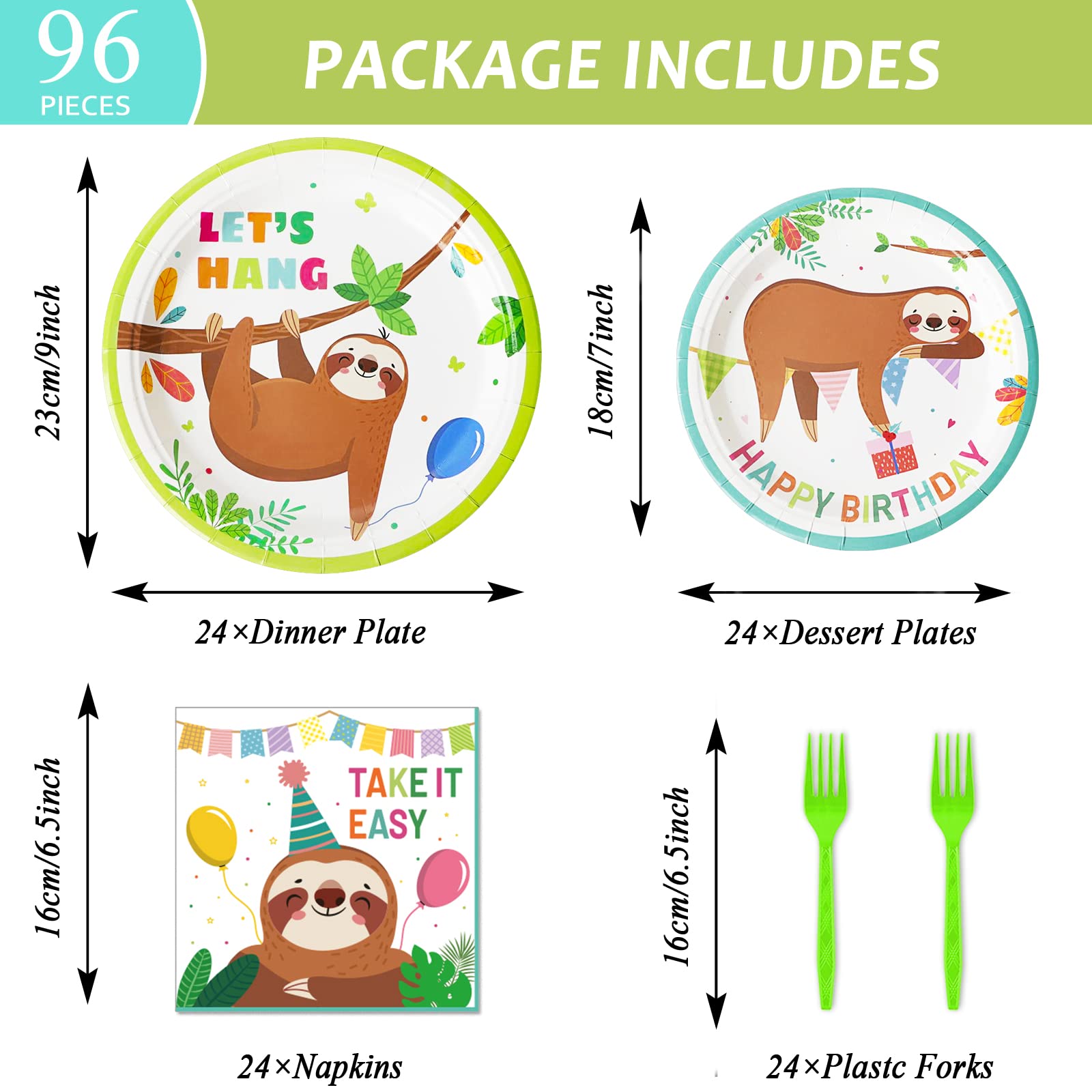 96 Pcs Sloth Animal Party Supplies Sloth Birthday Party Tableware Set Sloth Hanging Decorations Kids Sloth Themed Baby Shower Bi