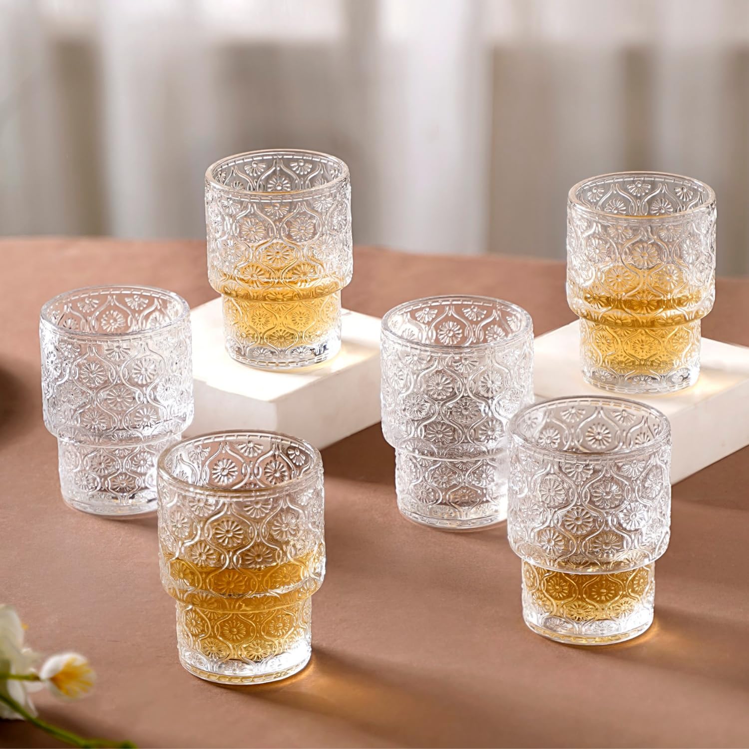 Nestasia Stackable Glasses Set of 6, Lead-Free Chip Resistant Thick Walled Drinking Glassware, Floral, 200ml each