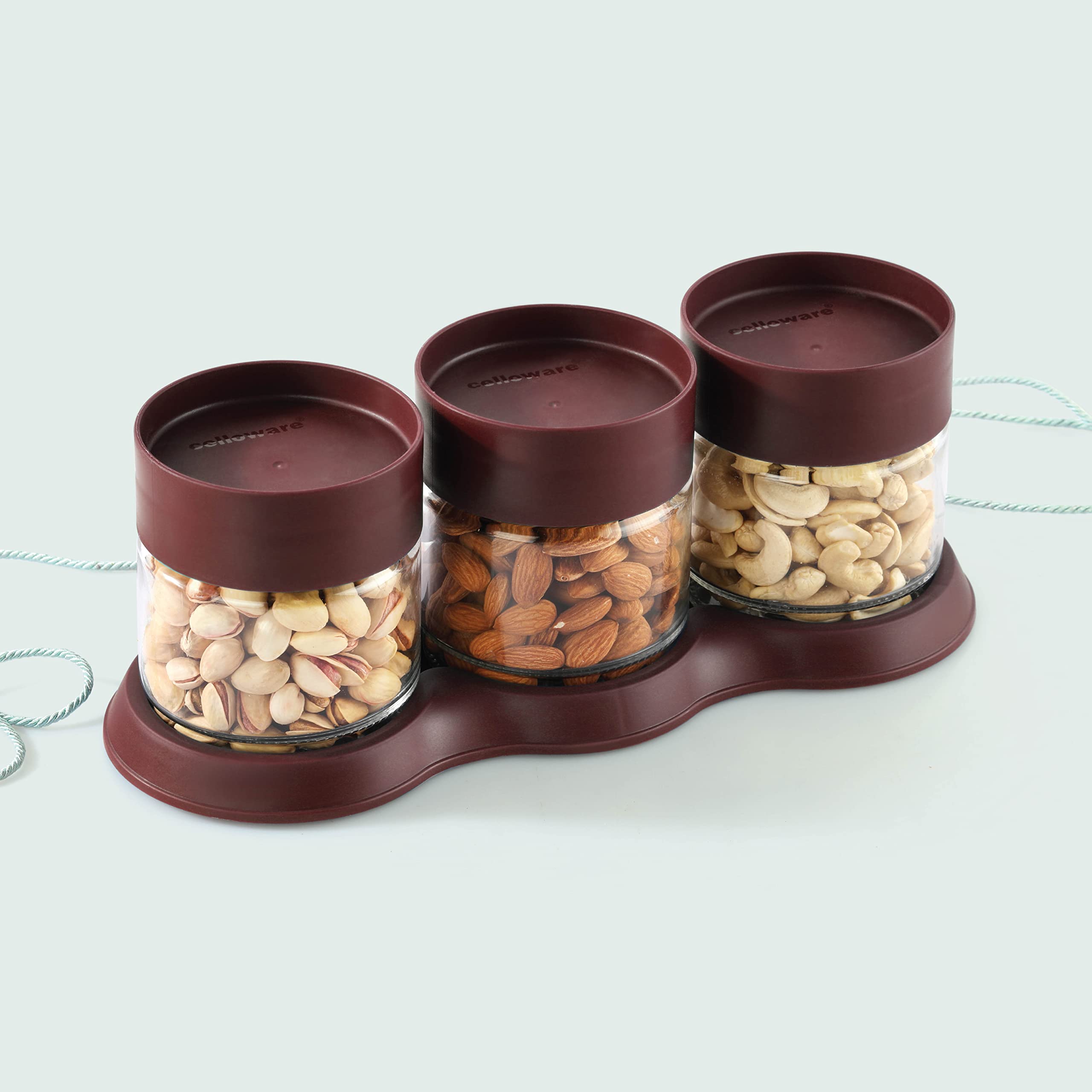 Cello Modustack Glassy Tray Set Of 3 (500Ml X 3), Maroon | Glass Jar With Lid & Tray | Stackable | For Grains, Pulses, Spice, Ce