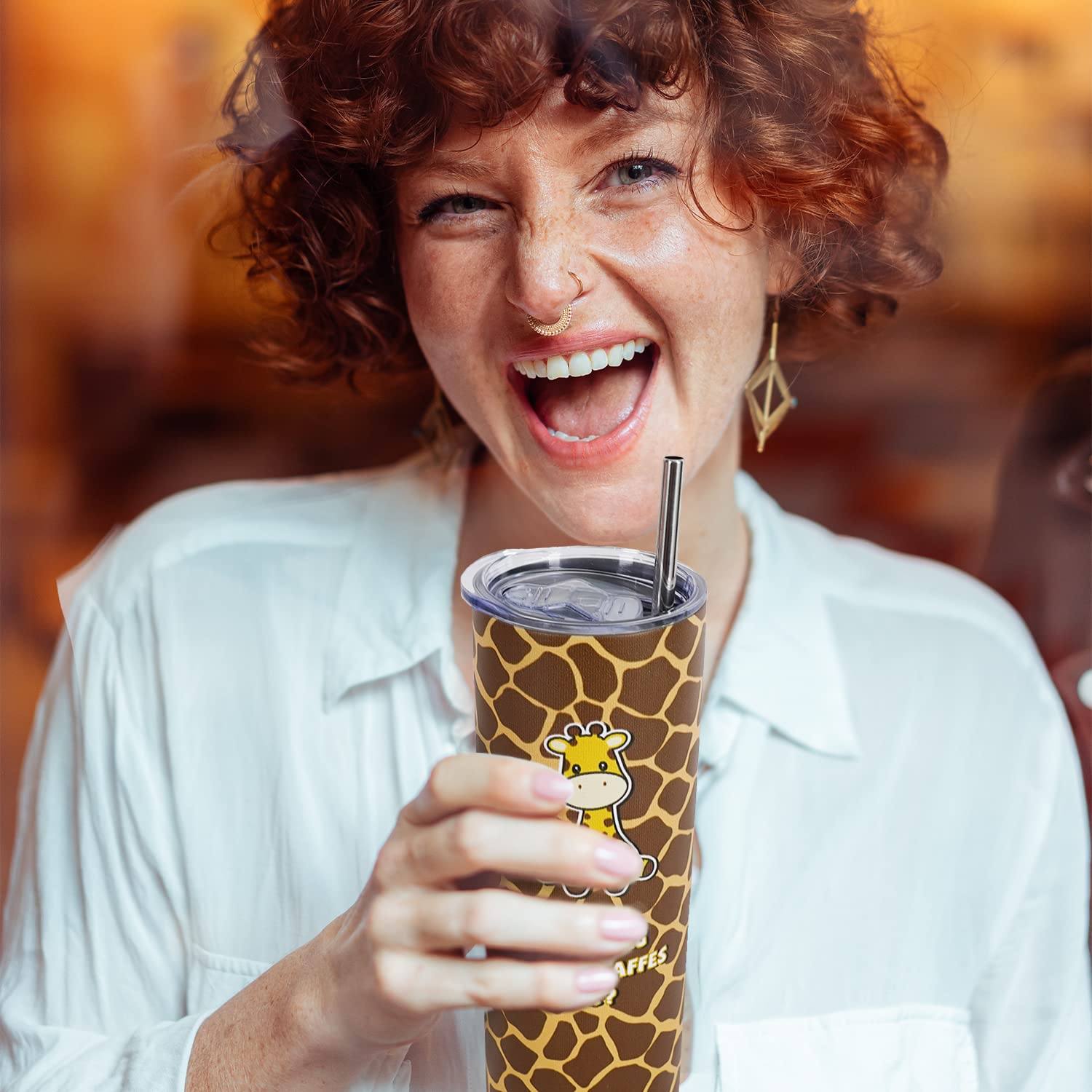 Giraffe Tumbler With Lid And Straw, Unique Giraffe Gifts For Women, Men Girls, Cute Giraffe Skinny Tumbler Cup Water Bottle Coff