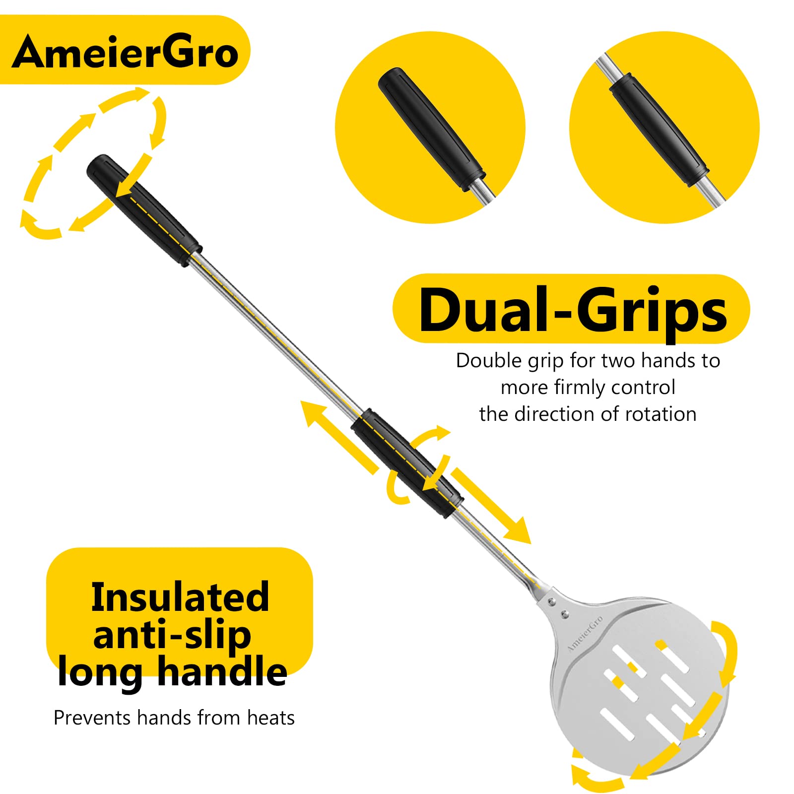 Ameiergro Pizza Turning Peel, Perforated Pizza Peel Turner, Adjustable Long Handle Pizza Spatula, Pizza Paddle Harden Anodizing,
