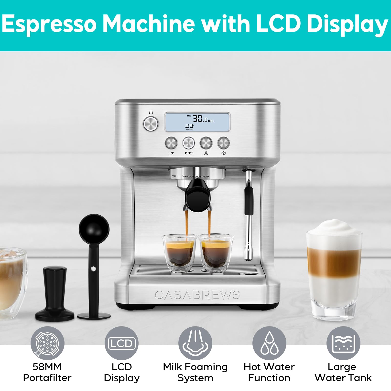 Casabrews Espresso Machine With Lcd Display, Powerful Milk Frother And Customizable Brewing Temperature, Provides Barista-Level