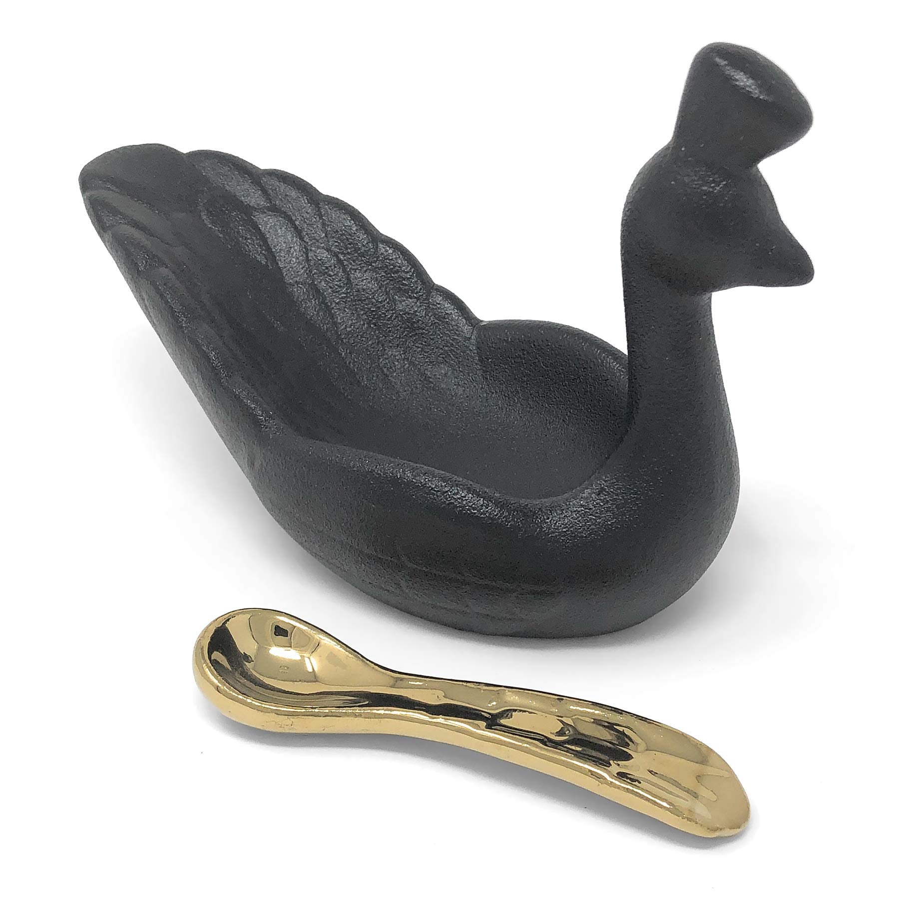 Floor | 9 Black Peacock Mini Ceramic Bowl With Gold Spoon
