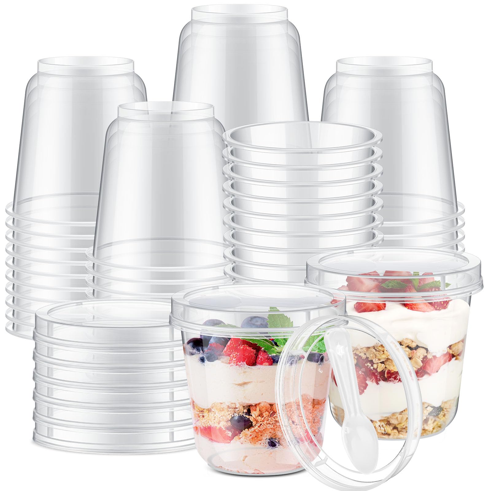 Jingmore 50 Pack 9.5oz Clear Plastic Yogurt Parfait Cups with Lids Spoons