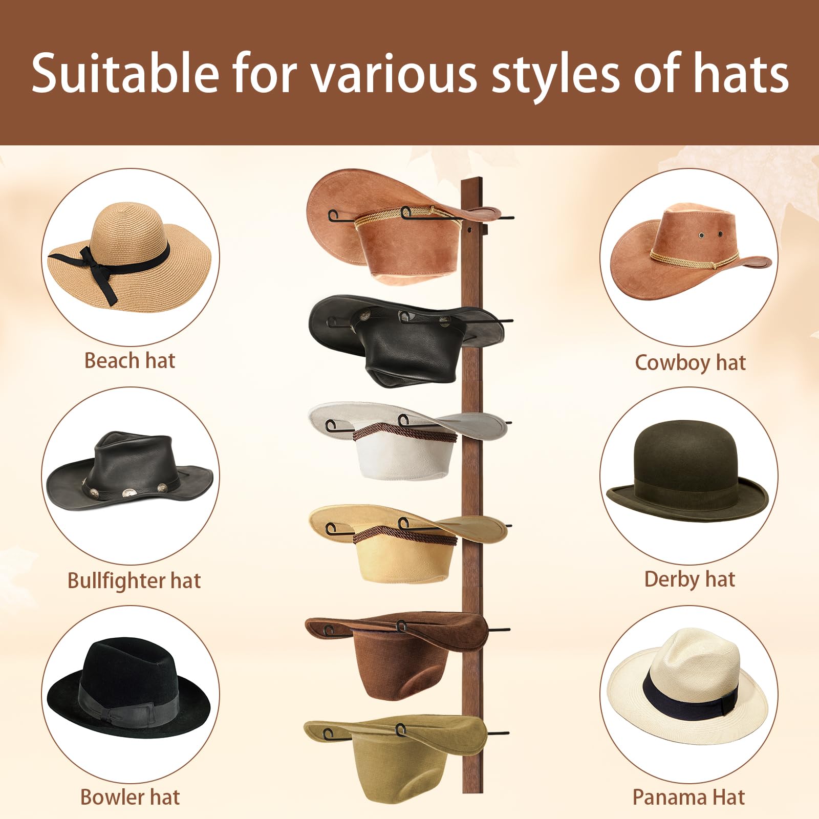 Fluffytree Cowboy Hat Rack, 6 Pieces Hat Rack For Cowboy Hats With Wooden Board, Metal Cowboy Hat Holder Wall Storage Hat Holder