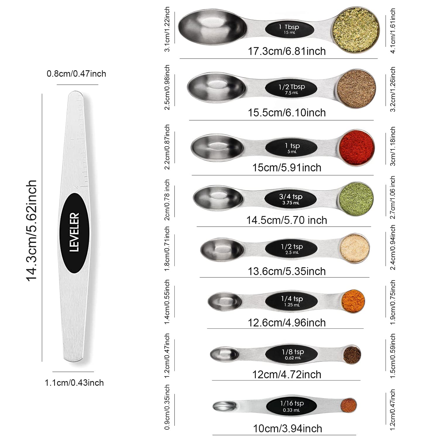 Magnetic Measuring Spoons Set Stainless Steel With Leveler-9Pcs Stackable Metal Tablespoon Measure Spoon For Baking-Measuring Cu