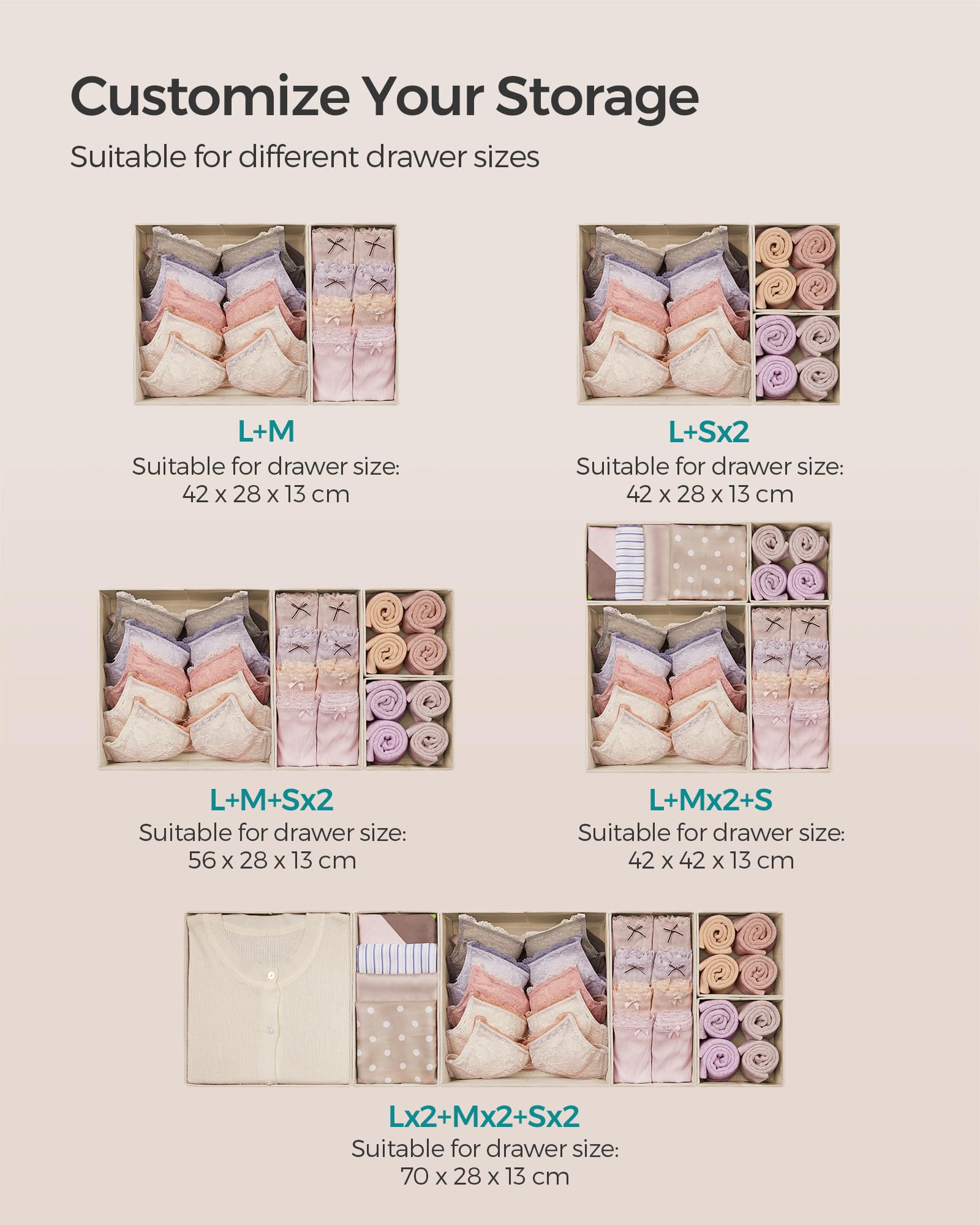 SONGMICS Drawer Organizer, Dresser Drawer Organizers, Set of 6, Foldable Fabric Storage Bins for Socks, Underwear, Bras, Ties, S
