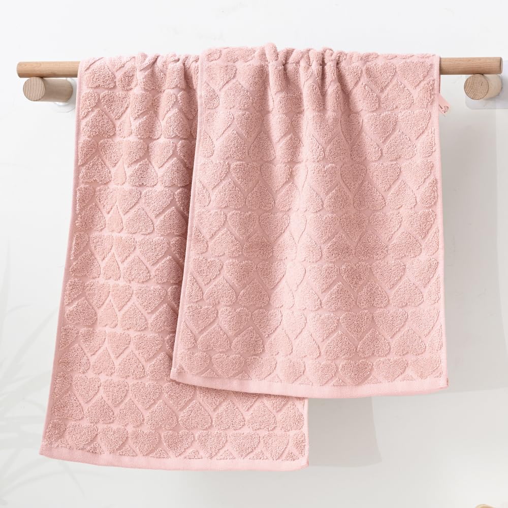Yiluomo Full Embossed Hearts Pattern Pink Hand Towel Set Of 2 100% Cotton Super Soft Highly Absorbent Decorative Hand Towels For