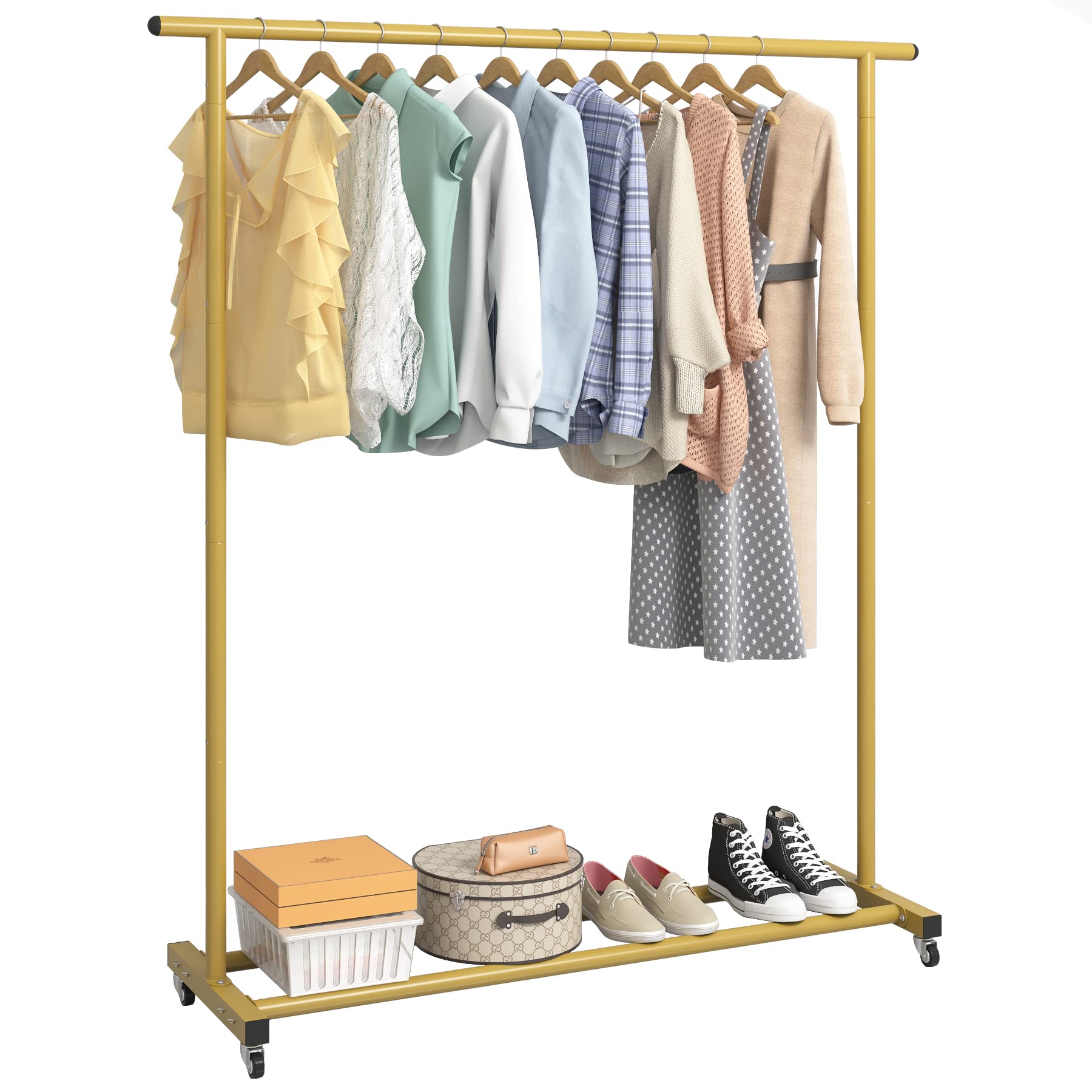 Buzowruil Clothing Clothes Rack Standard Rod Simple Rolling Metal Garment Rack Organizer Hanger With Wheels,Gold