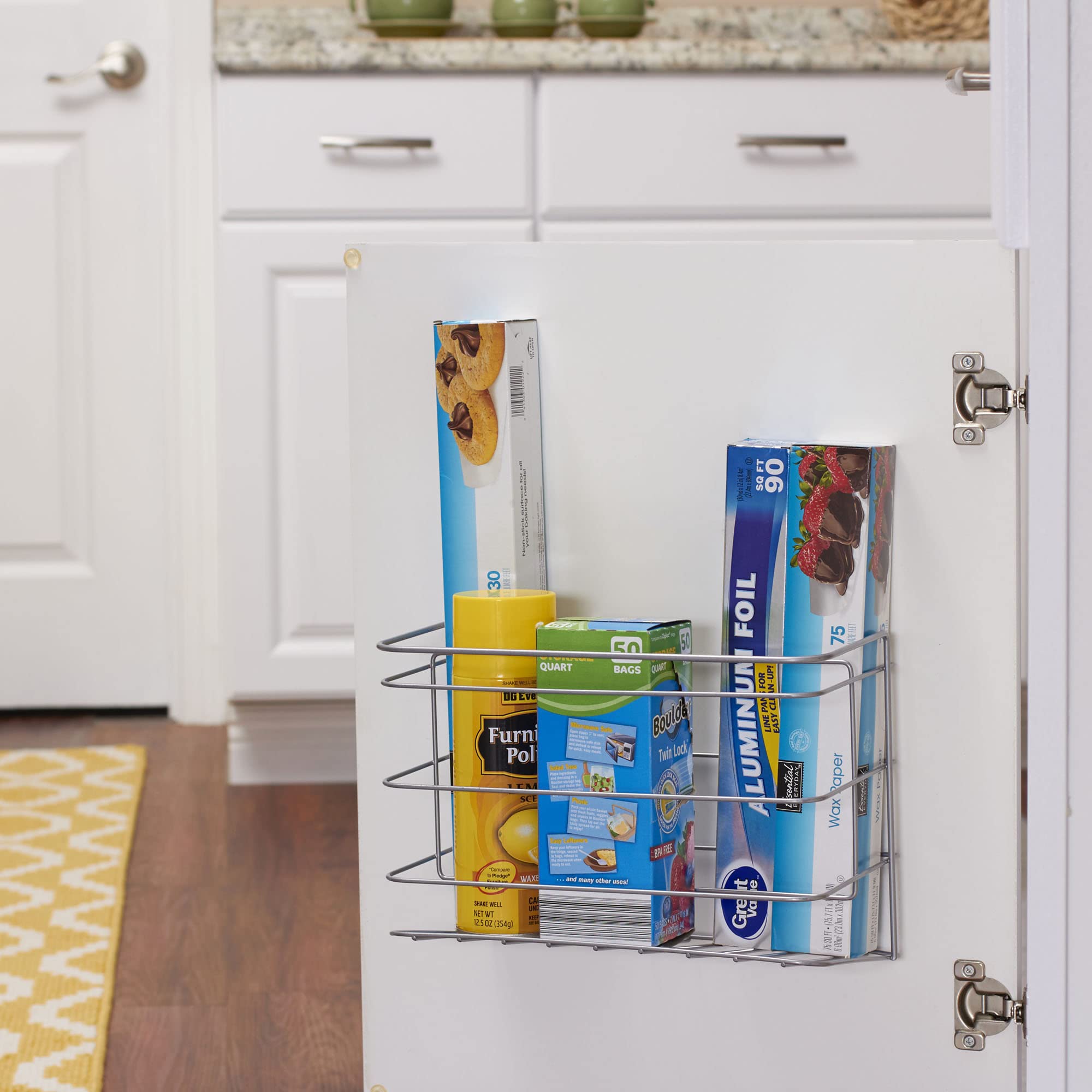 Household Essentials Kitchen Wrap Organizer For Cabinet Door, Durable Steel Frame With Nickel Powder Finish, Easy Installation,