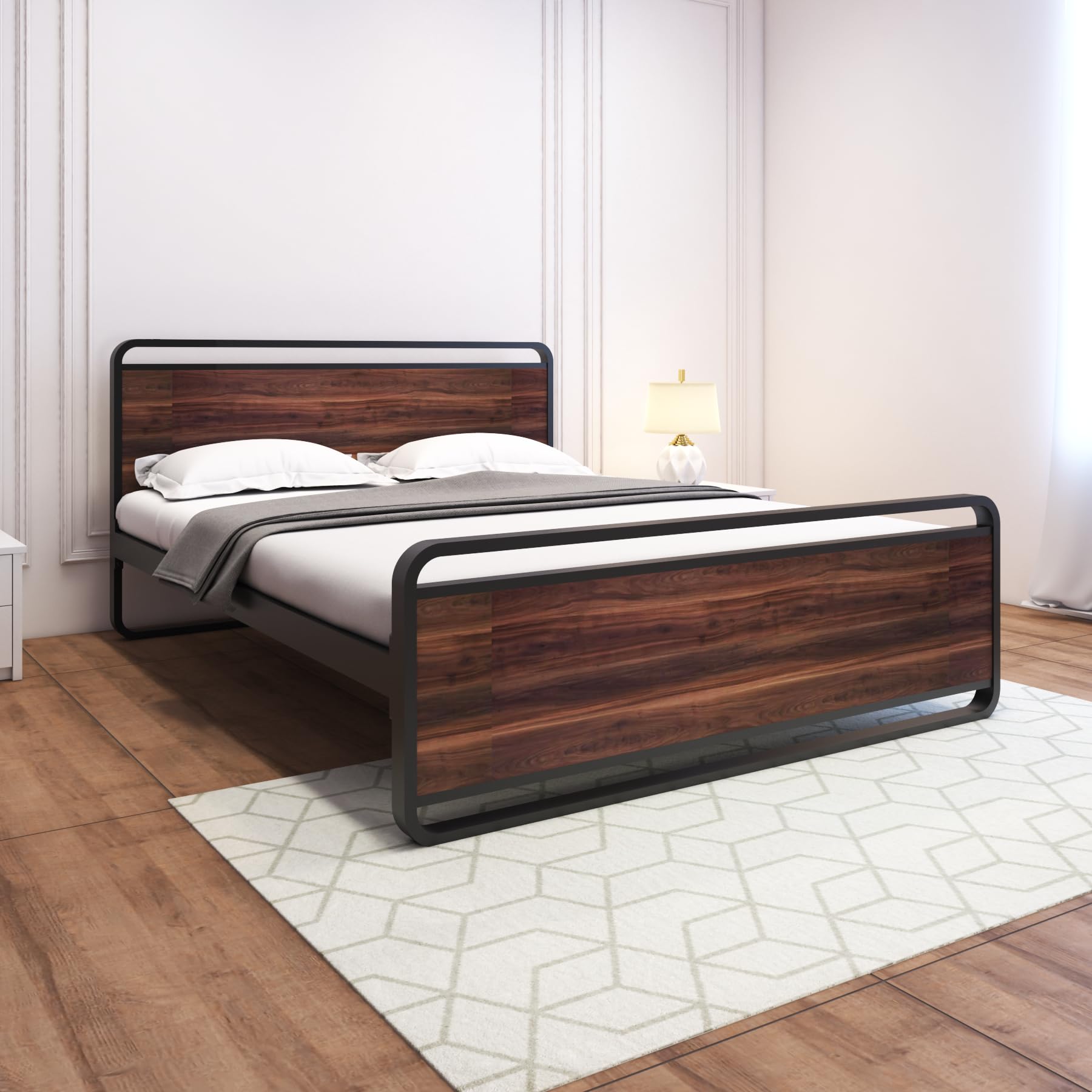 Homdec Vega Hybrid Wood And Metal Structure Bed (Black, Queen)