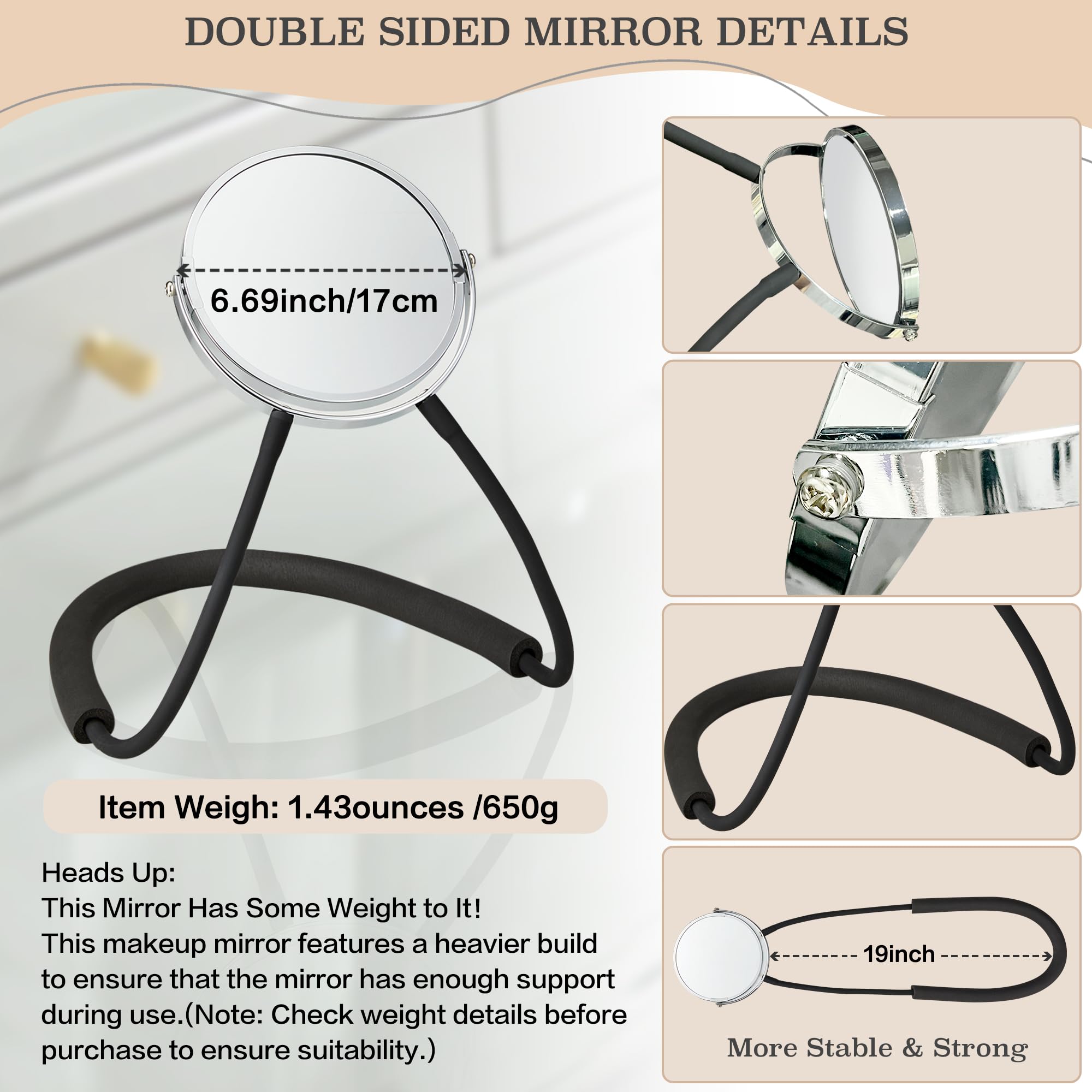 XWZMR Double Sided Adjustable Mirror 360° - 25.9"x6.7", 5X Magnification, Flexible Neck, Alloy Steel, White