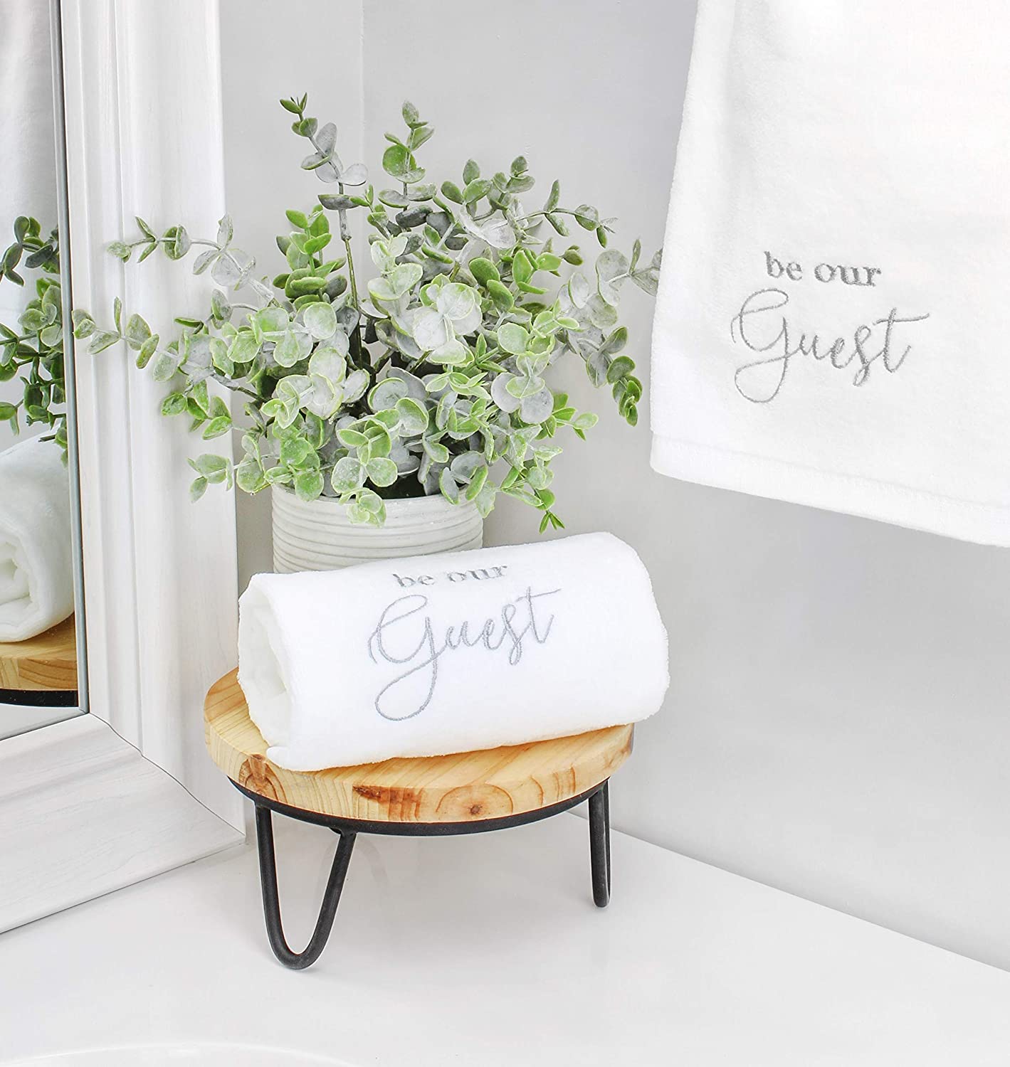 Auldhome Design Guest Towels (Set Of 2, White); Be Our Guest Monogrammed Hand Towels, White With Gray Script