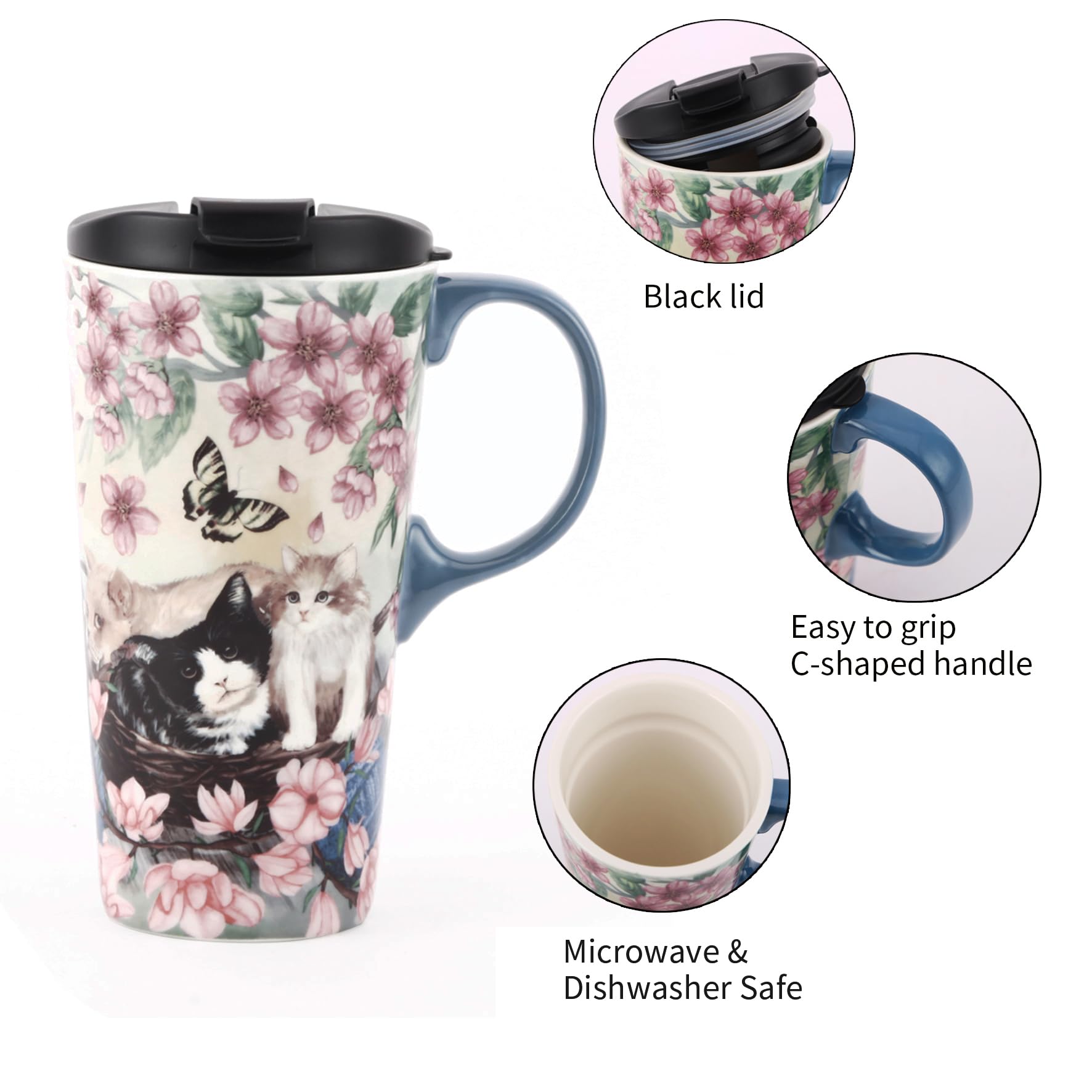 Tzssp Coffee Ceramic Mug Travel Mug Porcelain Latte Tea Cup With Lid 17Oz,Novelty Coffee Mugs For Office & Home Flower And Cat