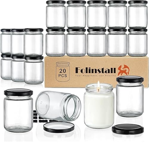 Folinstall 8 oz Small Glass Jars with Airtight Lids  20 Pcs Empty Candle Jars for Candle Making  Glass Food Storage Jars for Spices  Honey  Jam  Candy  Cookies  Pudding  Yogurt  Dessert