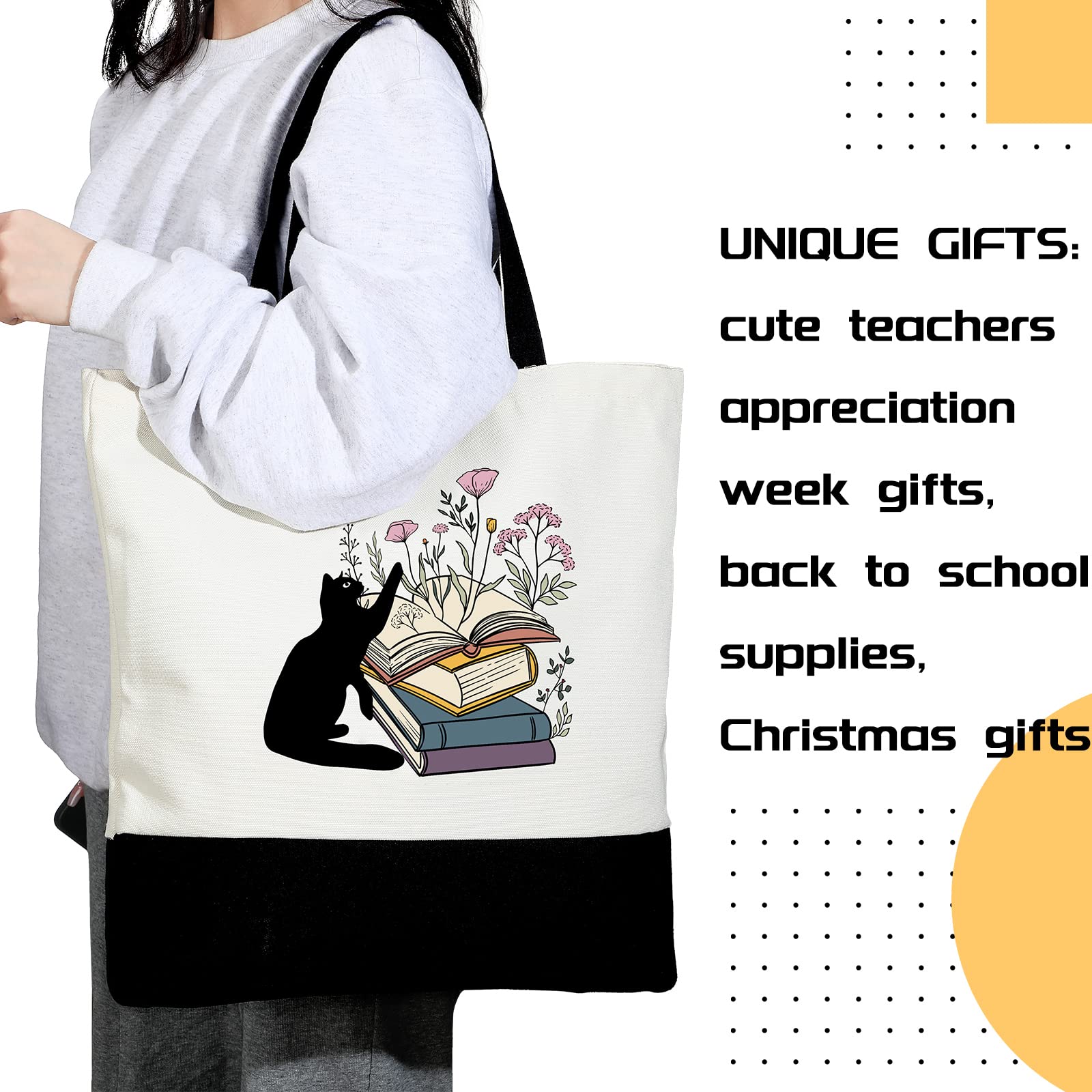 Cunno 2 Pcs Black Cat Book Tote Bags Purse Set Book Lovers Gifts Canvas Tote Bags Librarian Bookish Birthday Gifts(Cat)