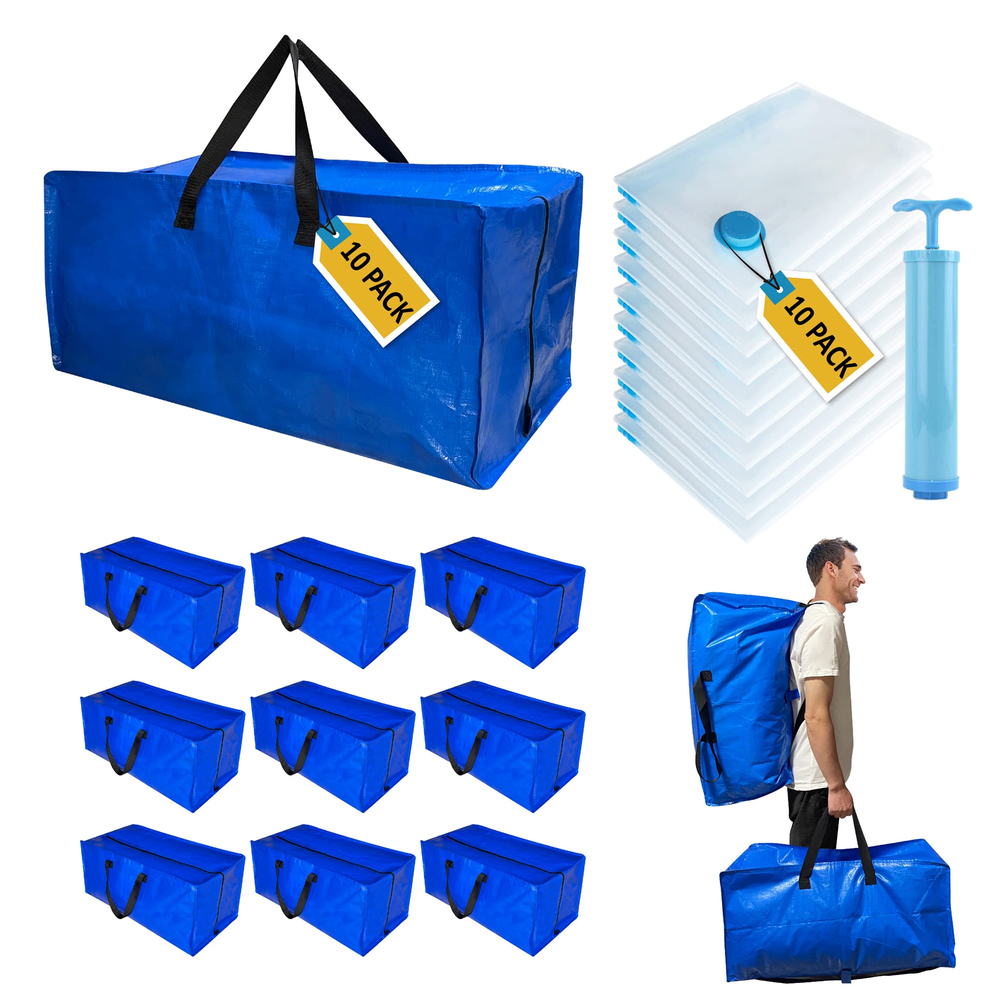20 Pack Heavy Duty Extra Large Moving Bags With Backpack Straps & Large Vacuum Storage Bags Moving Supply Combo, Moving Totes Wi