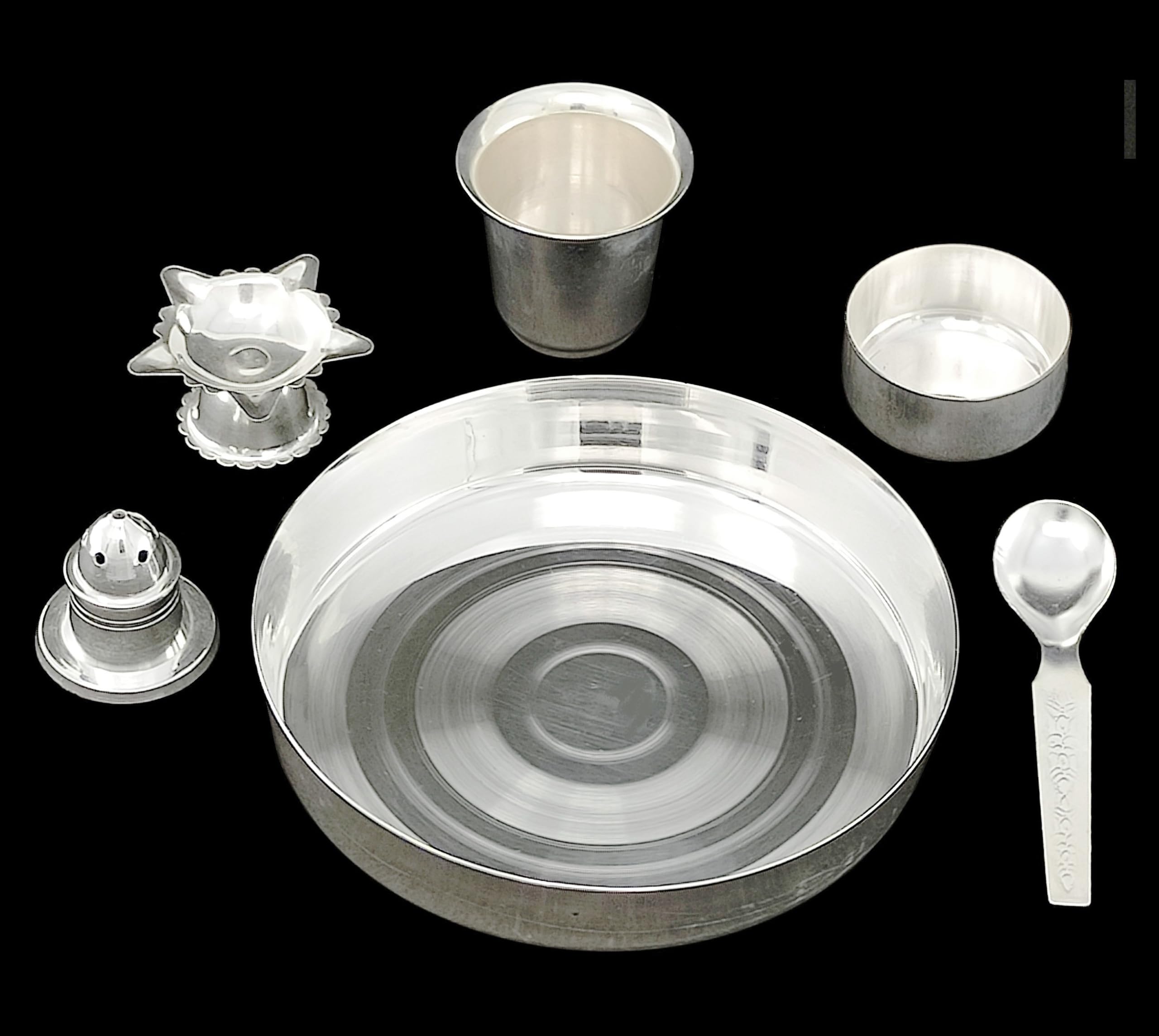 BENGALEN Silver Plated Pooja Thali Set 5 Inch Plate Diya Glass Agarbatti Stand Bowl Spoon Occasional Puja Decorative for Home Ma