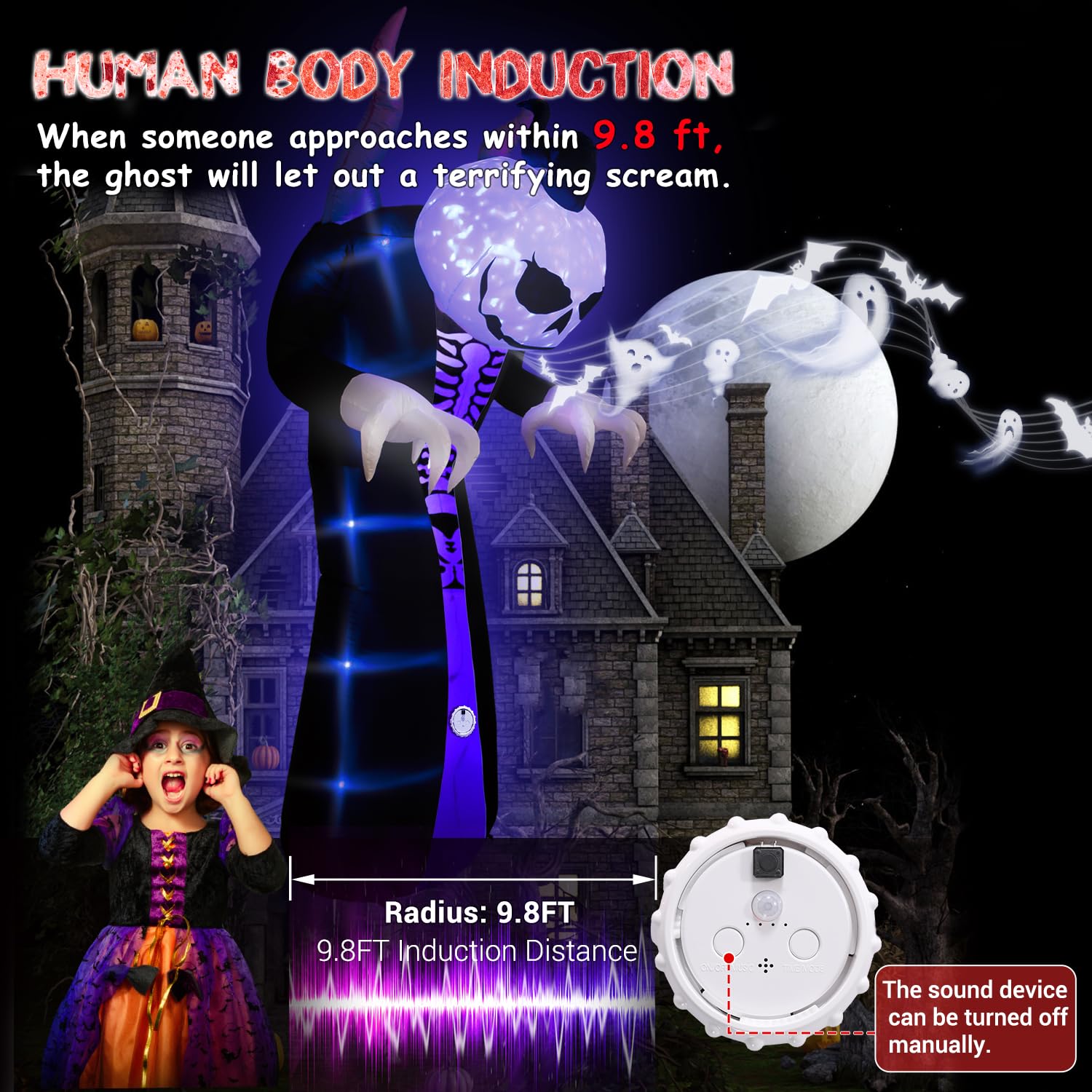 Elegear 10FT Halloween Inflatable Blow Up with Motion-Activated Screaming, 8-Mode Color Changing Light, Giant Grim Reaper Ghost
