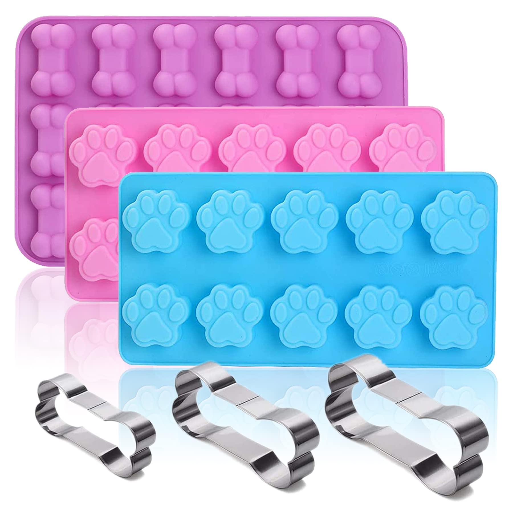 Set Of 6, 3 Packs Silicone Molds Puppy Dog Paw And 3 Packs Stainless Steel Bone Cookie Cutter,For Homemade Treats And Cat Dog An
